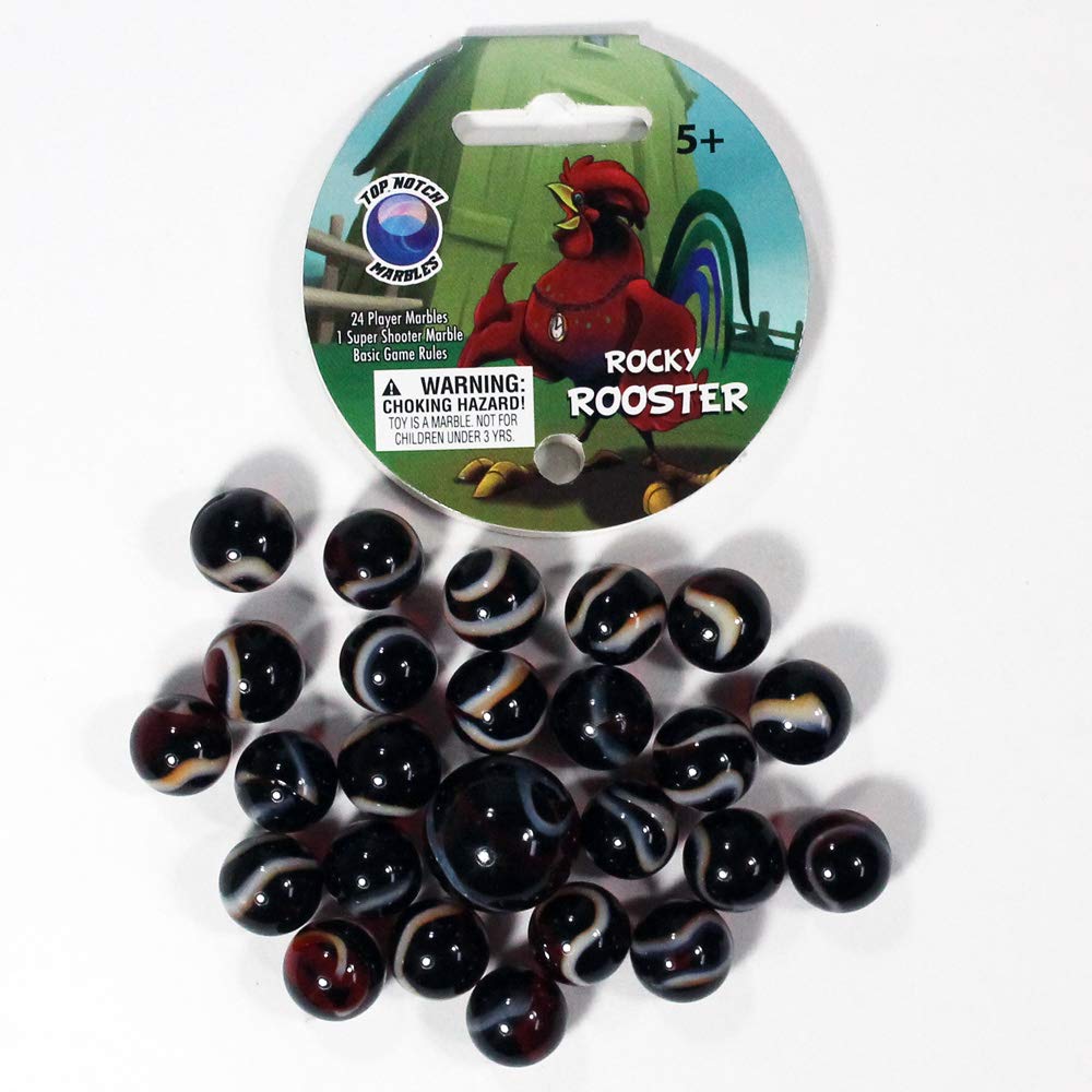 Glasfirma Mega Themed Marbles Set - 24 Player Marbles (9/16'') with 1 Shooter (7/8'') - Rocky Rooster Design for Kids Games, Marble Runs & Collectibles
