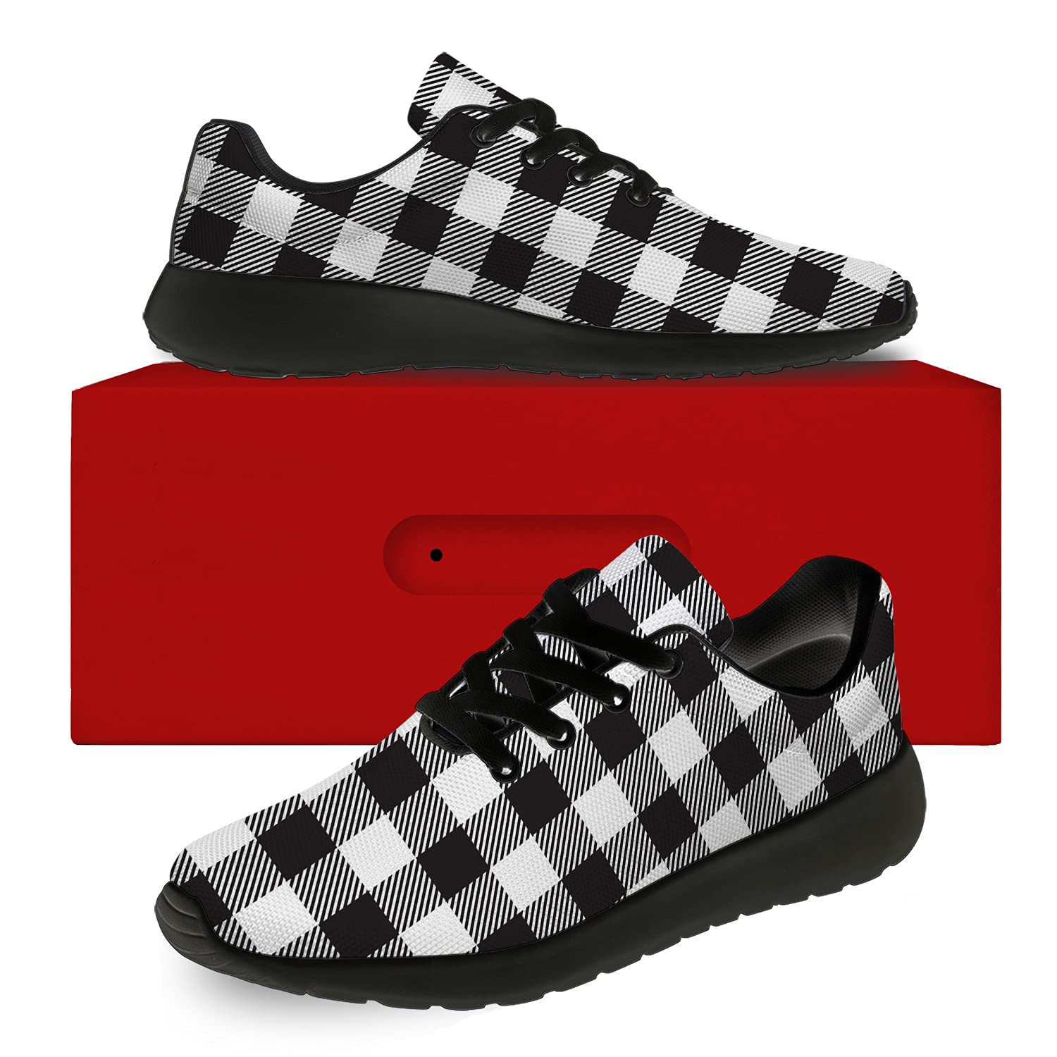 Men's & Women's Plaid Running Shoes - Buffalo White Black Tartan Check Sneakers for Walking, Tennis & Casual Wear - Size 12 Men/15 Women - Perfect Gift for Him & Her - Scottish Tartan Style for Workouts, Jogging & Everyday Fashion