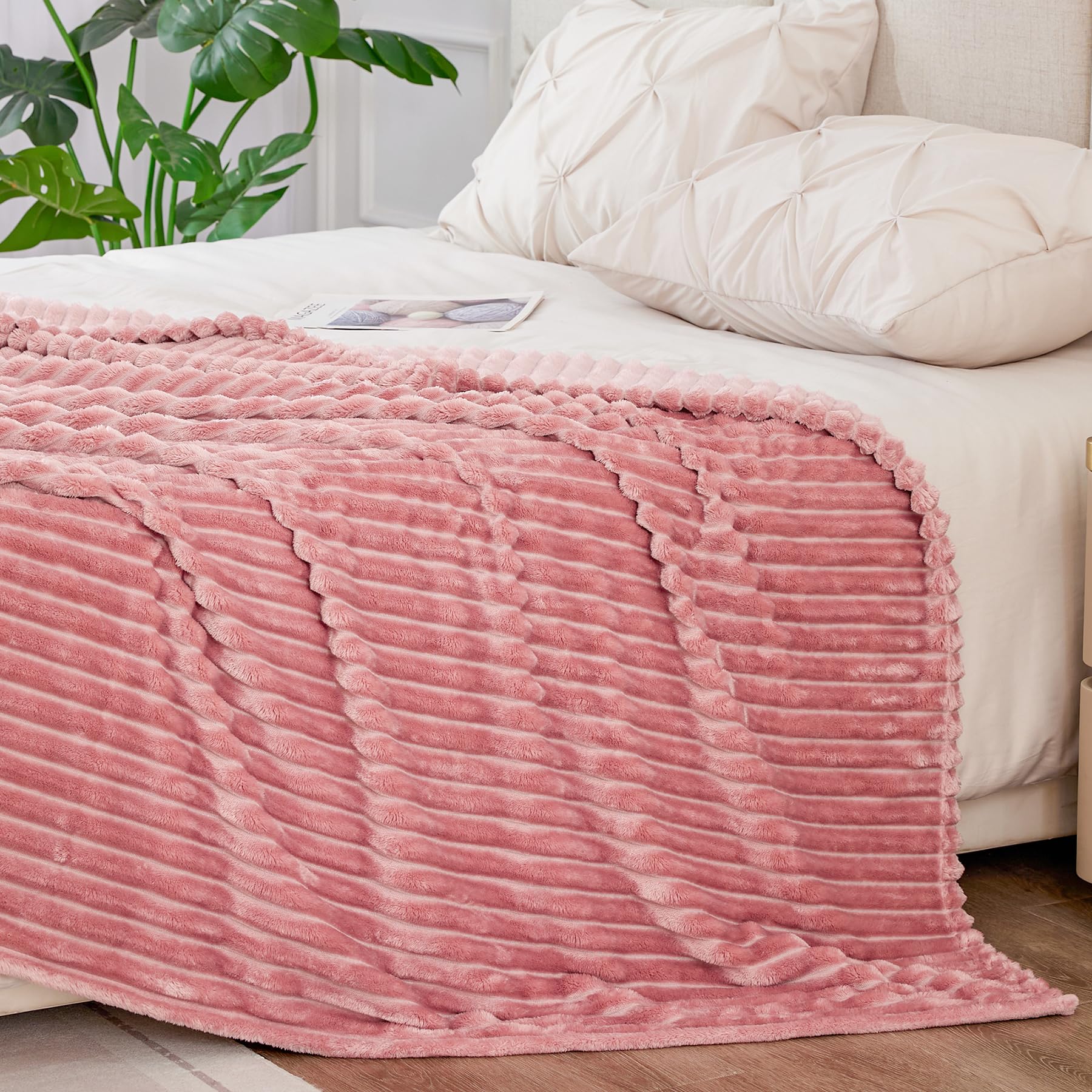 BEDELITE 3D Ribbed Jacquard Fleece Blanket Queen Size 90x90 Inches - Ultra Soft, Warm & Plush Fuzzy Blanket for Couch, Bed, Sofa - Lightweight Decorative Throw Blanket (Pink) - Perfect for Winter Nights, Movie Time & Home Decor