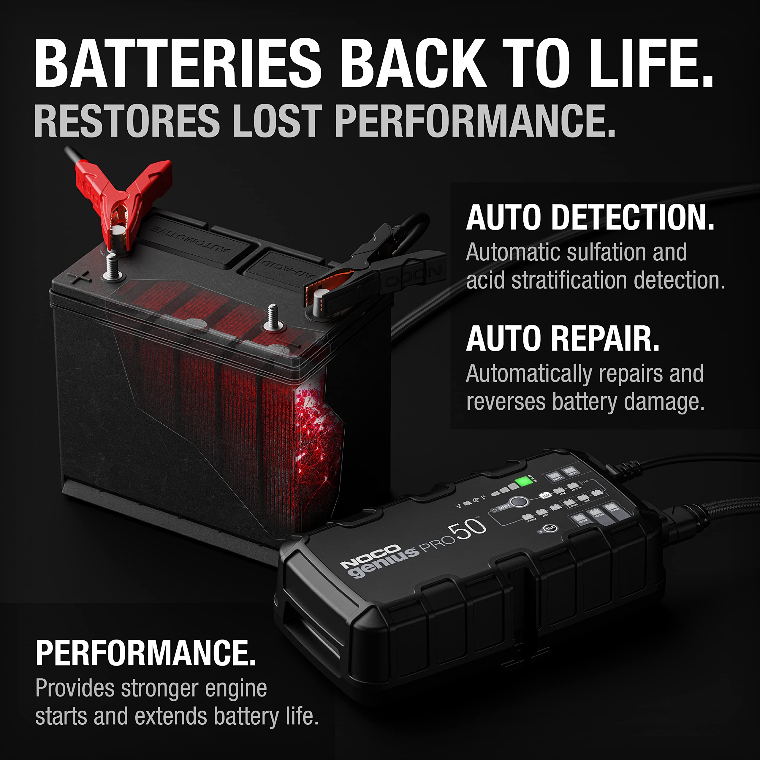 NOCO GENIUSPRO50 50A Smart Car Battery Charger - 6V/12V/24V Portable Automotive Charger, Battery Maintainer & Desulfator for AGM, Lithium, Marine & Deep Cycle Batteries - Perfect for Cars, Boats, RVs & Seasonal Vehicle Storage