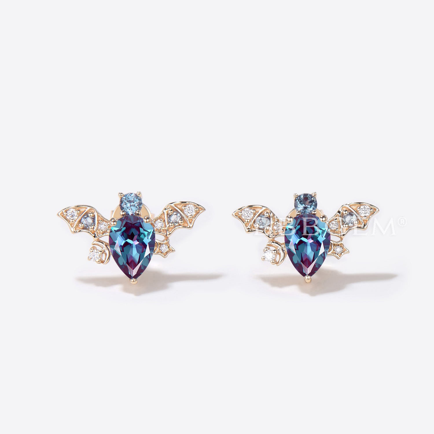 Pear Alexandrite Stud Earrings - Moon & Star Design Bat Earrings for Women | Hypoallergenic Jewelry for Gifts, Parties & Halloween Costume Accessories