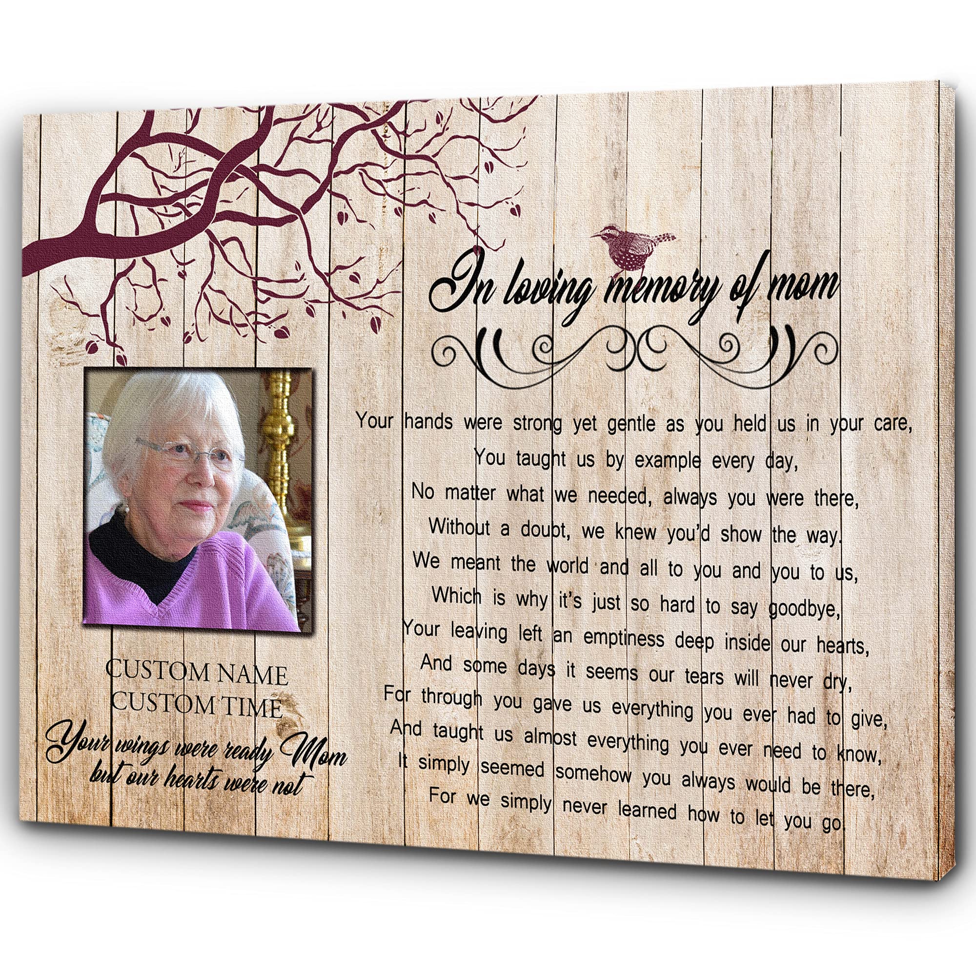 Personalized Memorial Canvas - In Loving Memory of Mom | Cardinal Sympathy Gift for Loss of Mother | Bereavement Keepsake with Poem | 16x12 Inch Memorial Art for Condolence | Perfect for Home Memorial, Funeral Tribute & Healing Grief