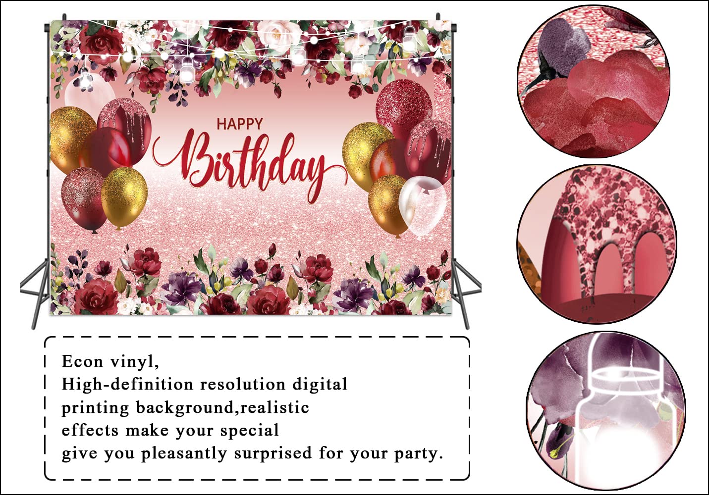 LTLYH 7x5ft Happy Birthday Party Backdrop - Red & Gold Foil Balloon Garland Decorations for Women's Birthday, Bridal Shower, Baby Shower & Anniversary Party Supplies | Photo Booth Background Banner