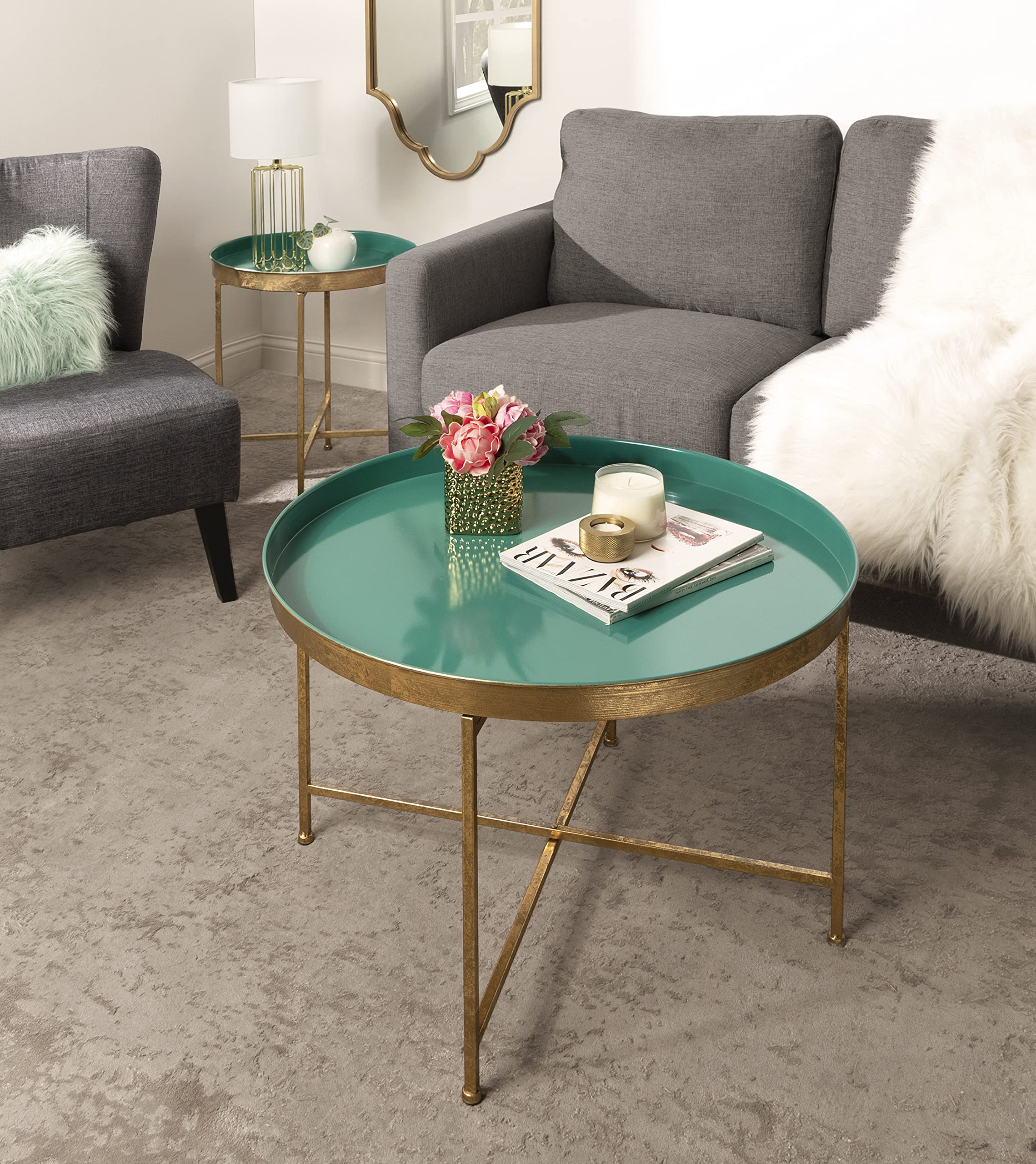 Kate and Laurel Celia Modern Coffee Table - 28 x 28 x 19 Inches, Teal and Gold Glamorous Folding Metal Table with Storage Shelf | Perfect for Living Room, Lounge & Small Space Decor