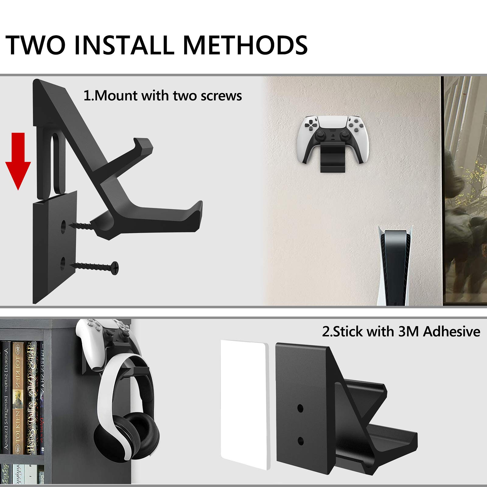 Geekria Aluminum Gaming Headphone Stand & Controller Holder - Wall Mounted Bracket for Xbox One, PS5, PS4, DualShock, HyperX - Space Saving Headset Hanger (2 Pack, Black) - Perfect for Gaming Setup & Desk Organization