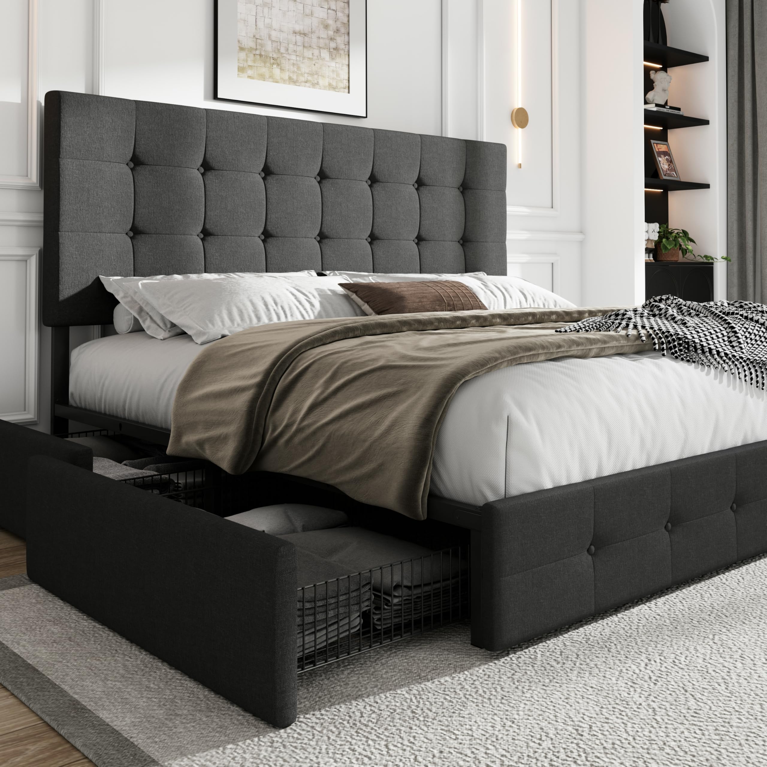 SHA CERLIN Upholstered King Size Platform Bed Frame with 4 Storage Drawers - Adjustable Headboard, Square Stitched Button Tufted Design, Wooden Slat Support, No Box Spring Needed, Dark Grey - Perfect for Master Bedroom, Guest Room & Small Space Storage Solutions