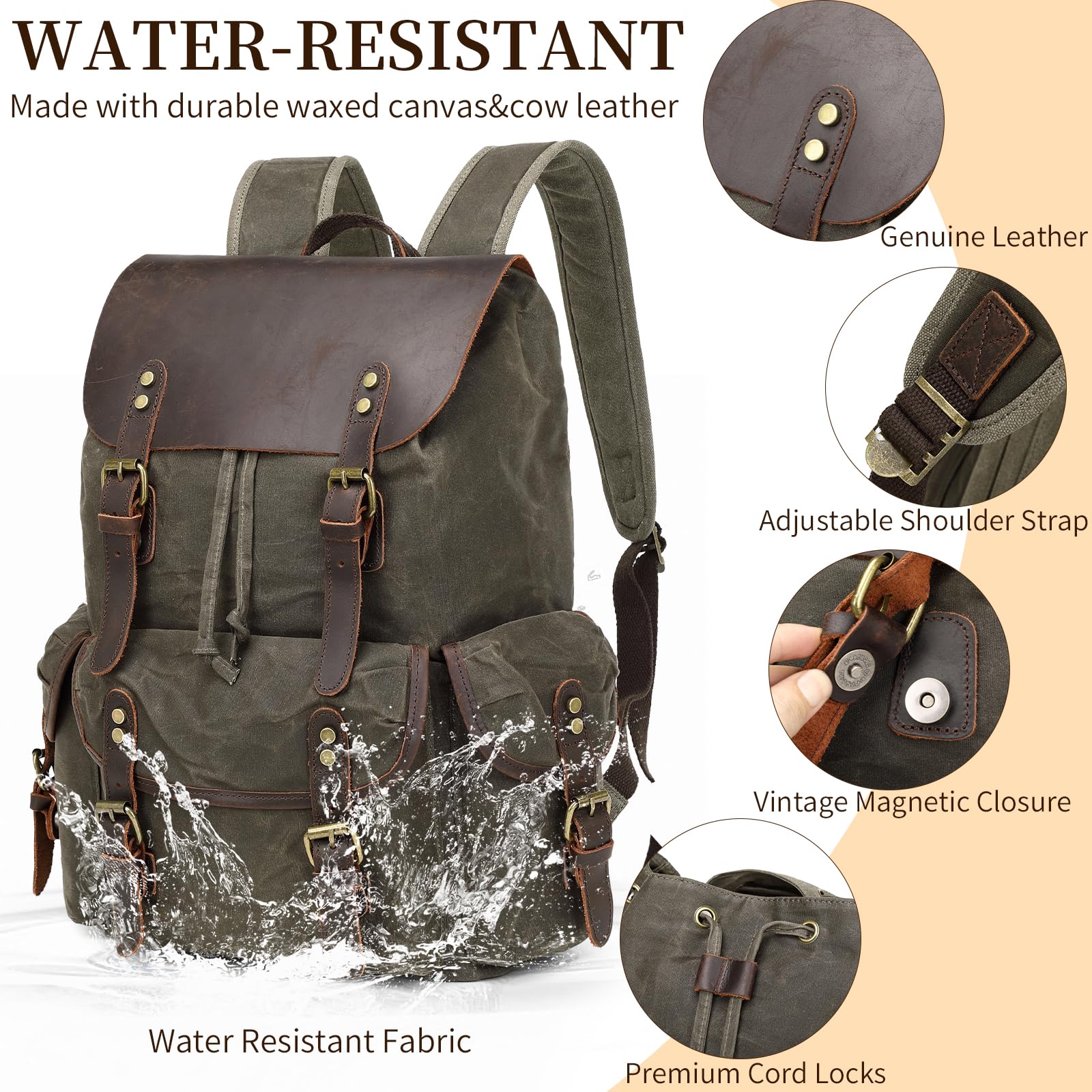 **Genuine Leather & Waxed Canvas Vintage Backpack for Men - Durable Shoulder Rucksack with Toiletry Bag - Perfect for Travel, Camping, Hiking & Daily Commute (Army Green)**