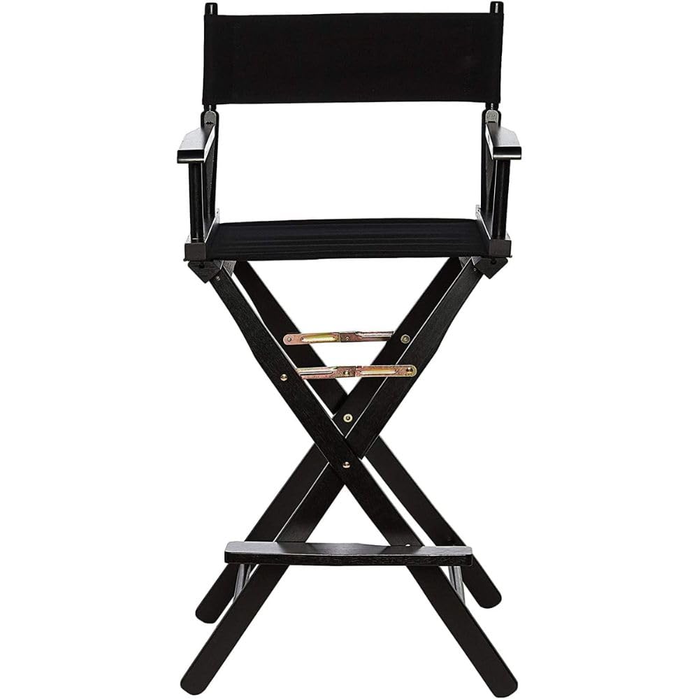 30-Inch Foldable Director’s Chair - Solid Wood Bar Height Stool with Black Canvas Seat - Portable Tall Chair for Home, Kitchen, Counter, Patio & Events - Sturdy Black Frame - Perfect for Outdoor Dining, Camping & Picnics