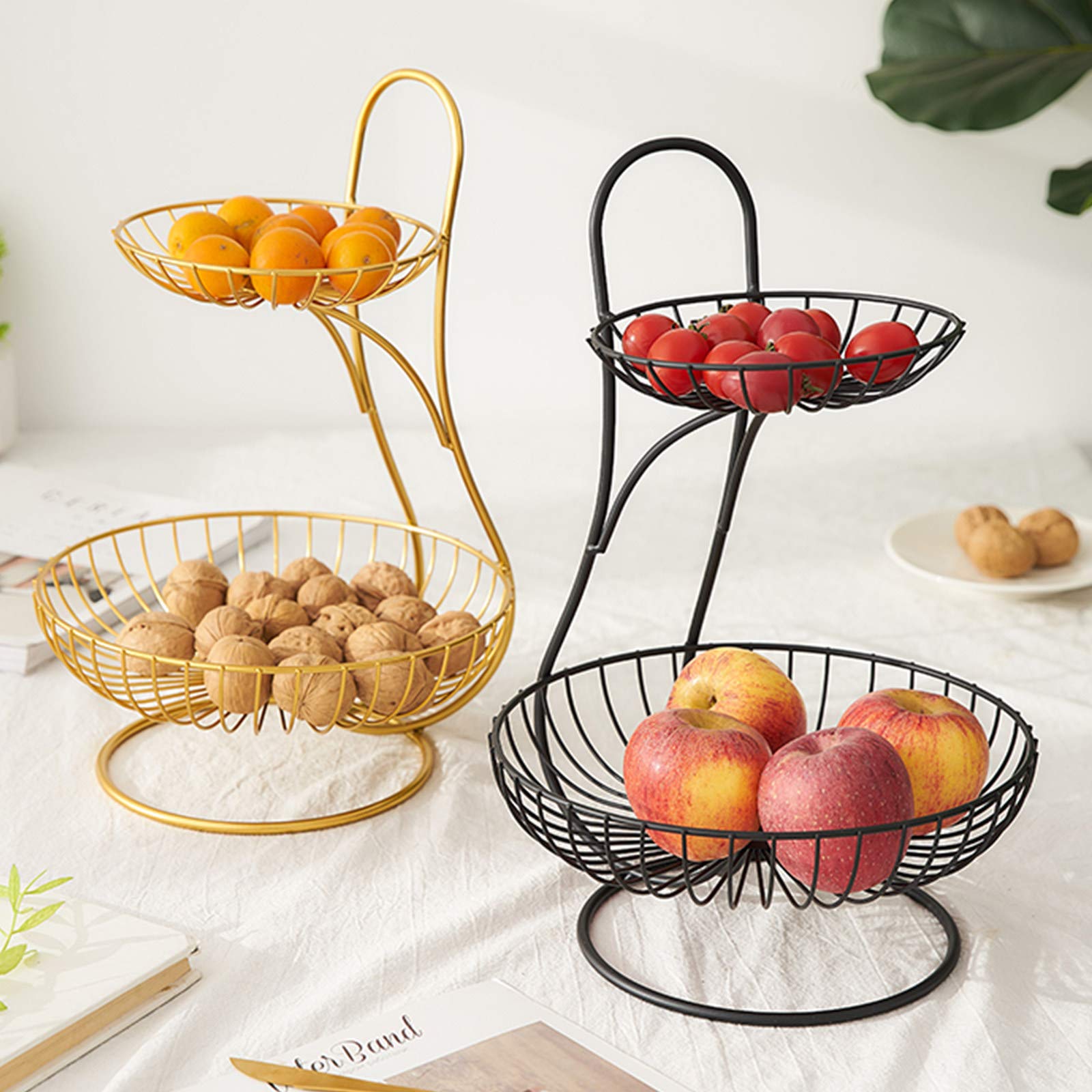2 Tier Modern Fruit Basket for Kitchen Counter - Black/Gold & Gold - Stylish Storage for Fruits, Bread, Snacks & Vegetables - Perfect for Dining Table Display & Home Decor