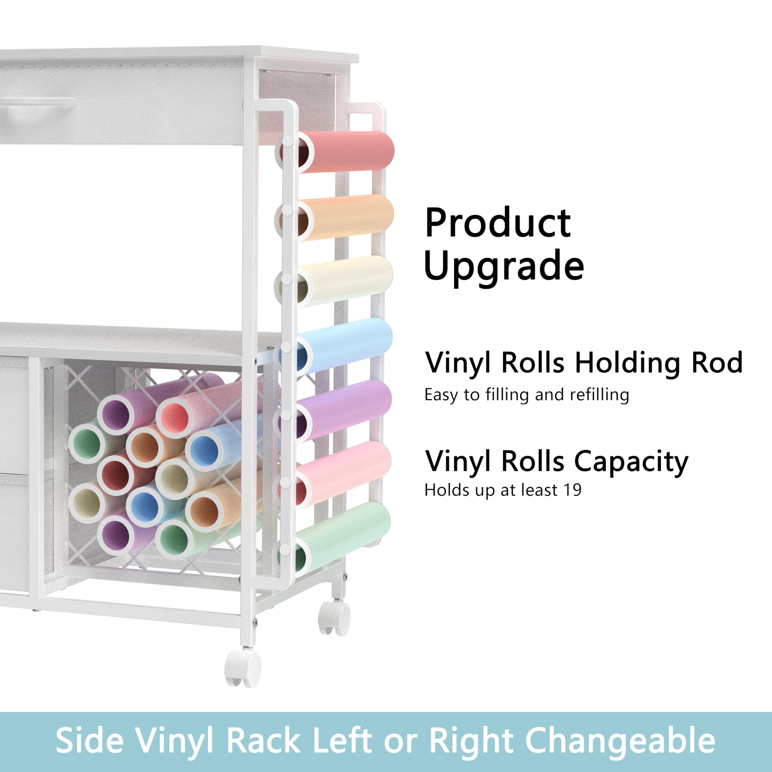 White Rolling Craft Storage Cart with Drawers & Vinyl Roll Holder - Compatible with Cricut Machines, Cutting Machine Stand - Perfect for Craft Room Organization, Scrapbooking & DIY Projects