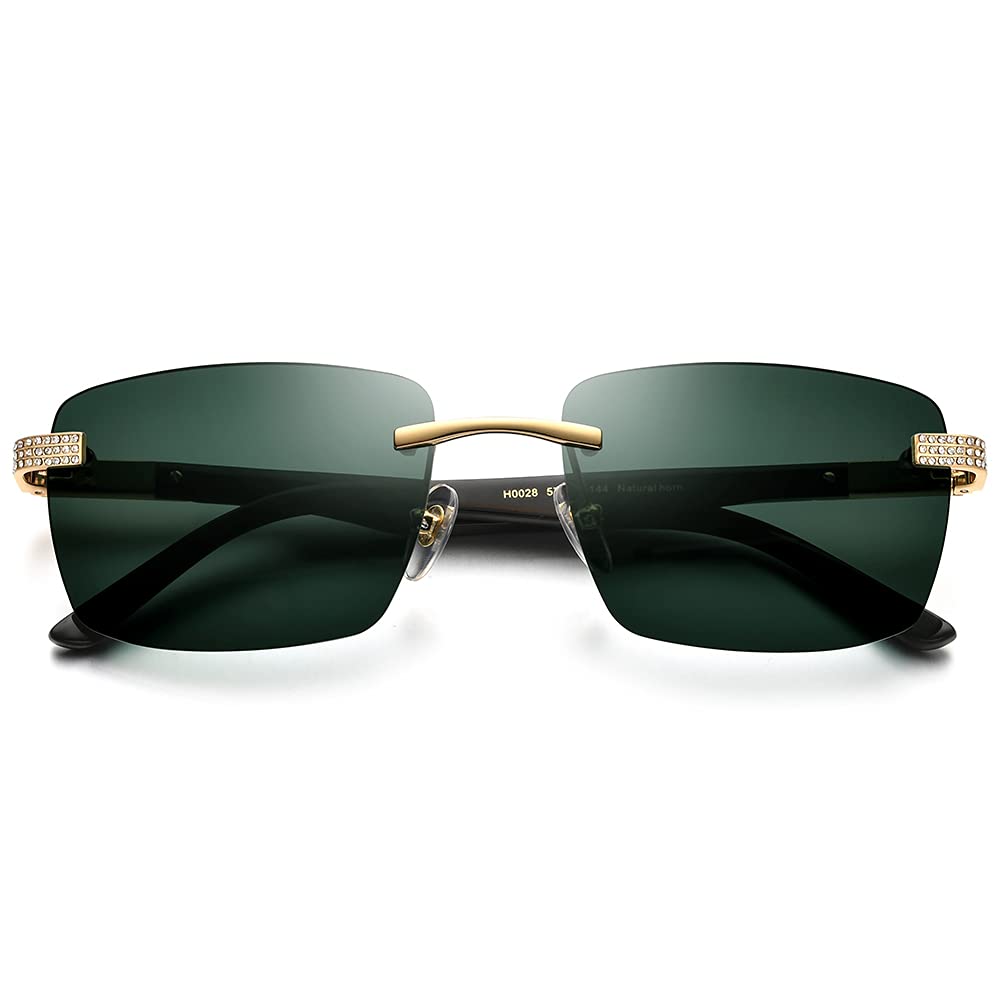100% Real Buffalo Horn Handmade Square Rimless Sunglasses for Women - Luxury Diamond-Studded Fashion Sunglasses | Perfect for Beach, Driving & Outdoor Activities