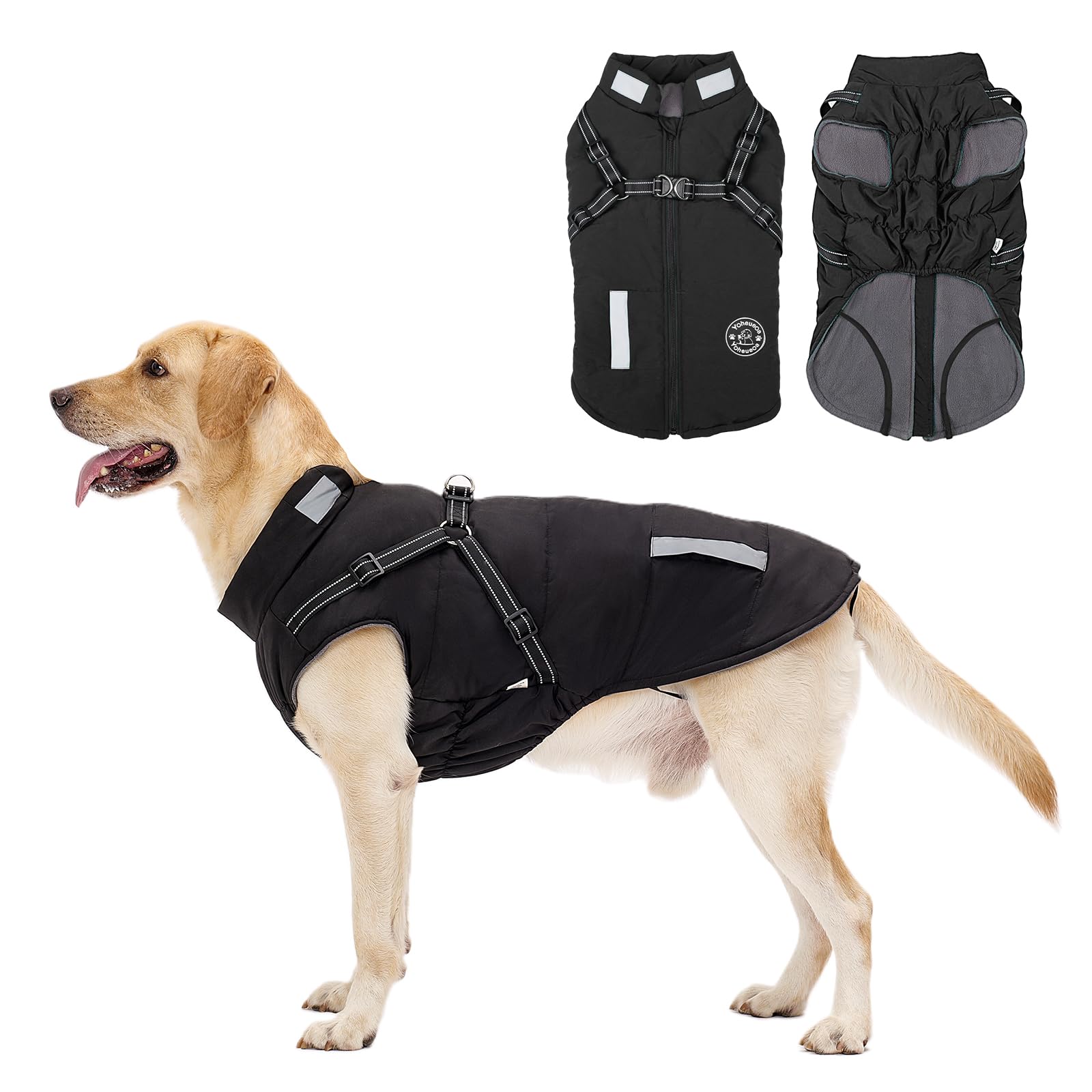 Warm Dog Jacket with Built-in Harness - Fleece Winter Coat for Small Medium Large Dogs | Waterproof Reflective Dog Vest for Cold Weather | Perfect for Outdoor Walks, Hiking & Nighttime Safety (Black, Size M)