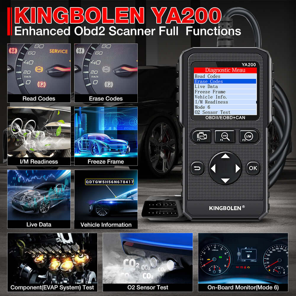 KINGBOLENÂ® YA200 OBD2 Scanner - Professional Auto Diagnostic Code Reader for Car, Truck & SUV - Check Engine Light, Read & Clear Fault Codes - Perfect for Mechanics & DIY Car Repair at Home or Garage