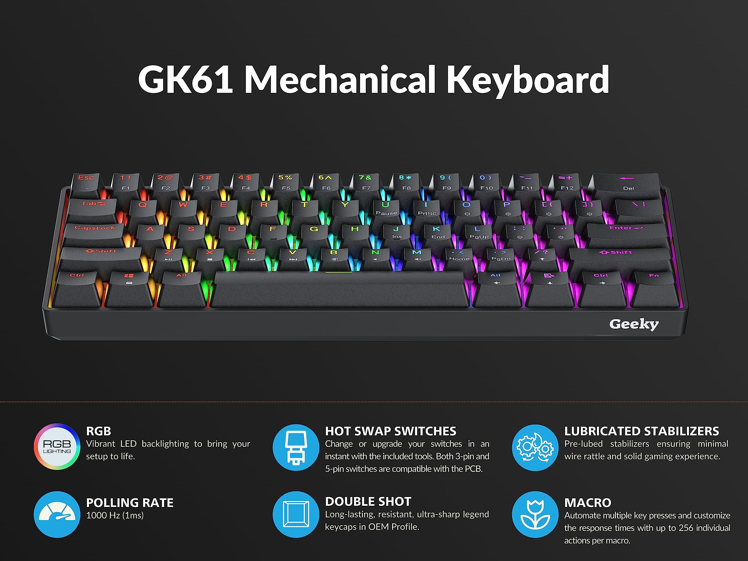 Geeky GK61 60% Hot Swappable Mechanical Gaming Keyboard - 61 Key RGB Backlit, Blue Switches for PC & Mac (ANSI US Layout, Black) | Perfect for Esports, Coding & Office Work