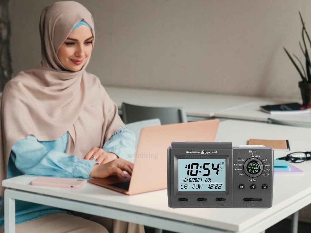 Anlising Islamic Azan Alarm Table Clock - Digital Muslim Prayer Alarm with Qibla Direction, Ramadan Gift for Home & Office (3005 Black) | Perfect for Daily Salah, Ramadan, and Islamic Prayer Reminders