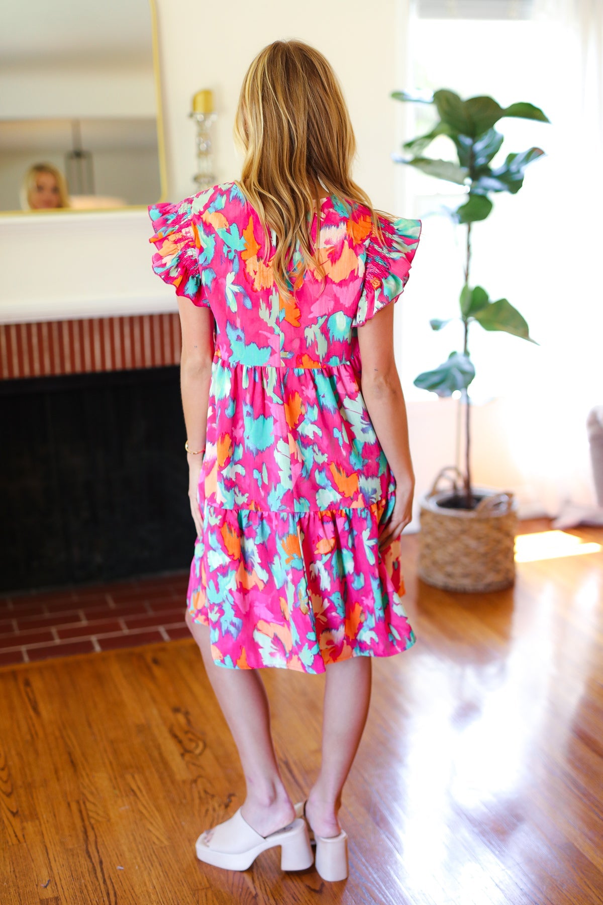 Look of Love Fuchsia Abstract Floral Print Smocked Ruffle Sleeve Dress for Women | Elegant Party & Wedding Guest Outfit