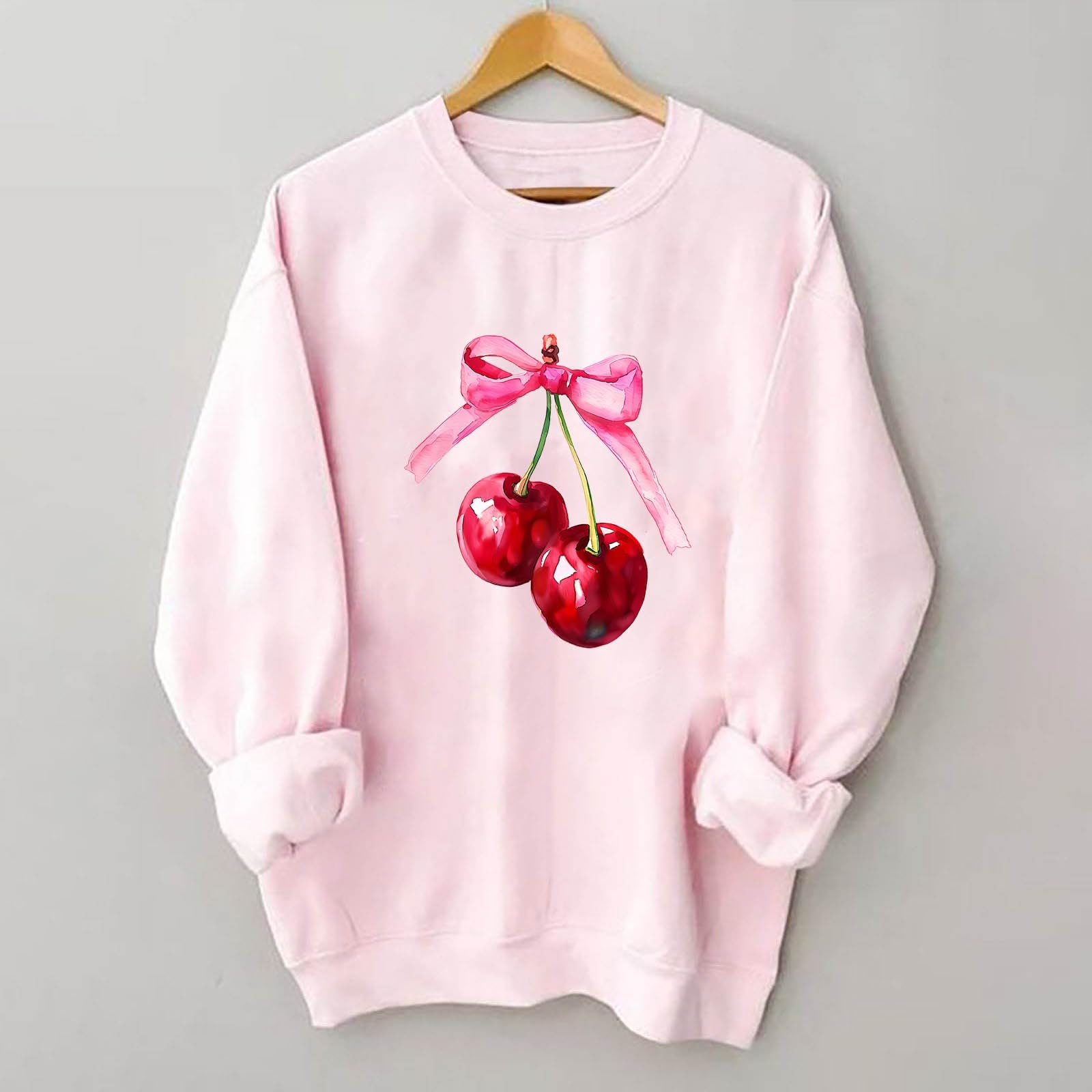 Women's Akklian Cute Cherry Bow Print Oversized Sweatshirt - Kawaii Long Sleeve Pullover for Teen Girls, Preppy Pink Loose Fit, Perfect for Casual Outings and Cozy Days