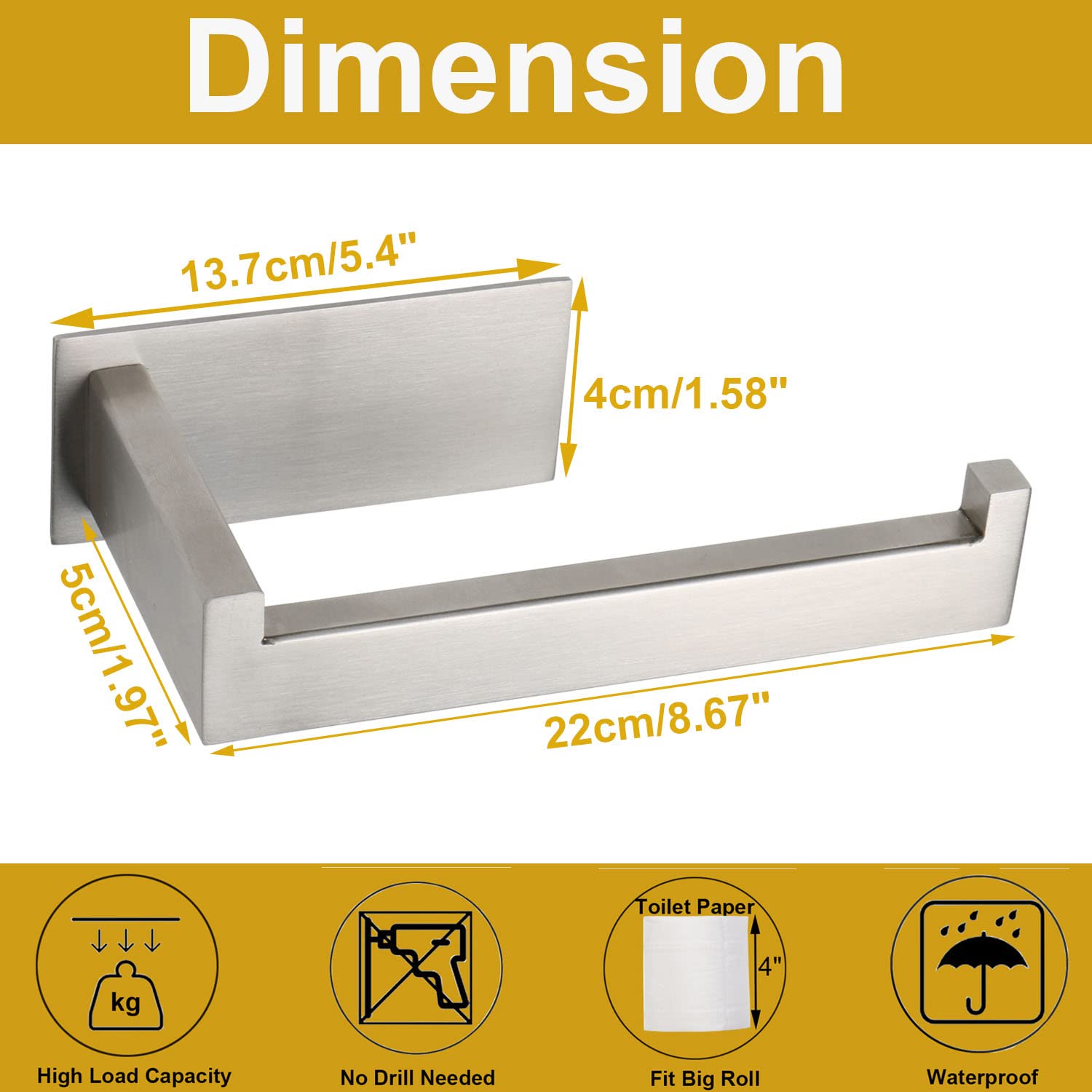 Stainless Steel Self-Adhesive Toilet Paper Holder - No Drill Rustproof Bathroom Tissue Roll Rack for Office & Home (Brushed Nickel) | Easy Installation & Space-Saving Design for Small Bathrooms & Powder Rooms
