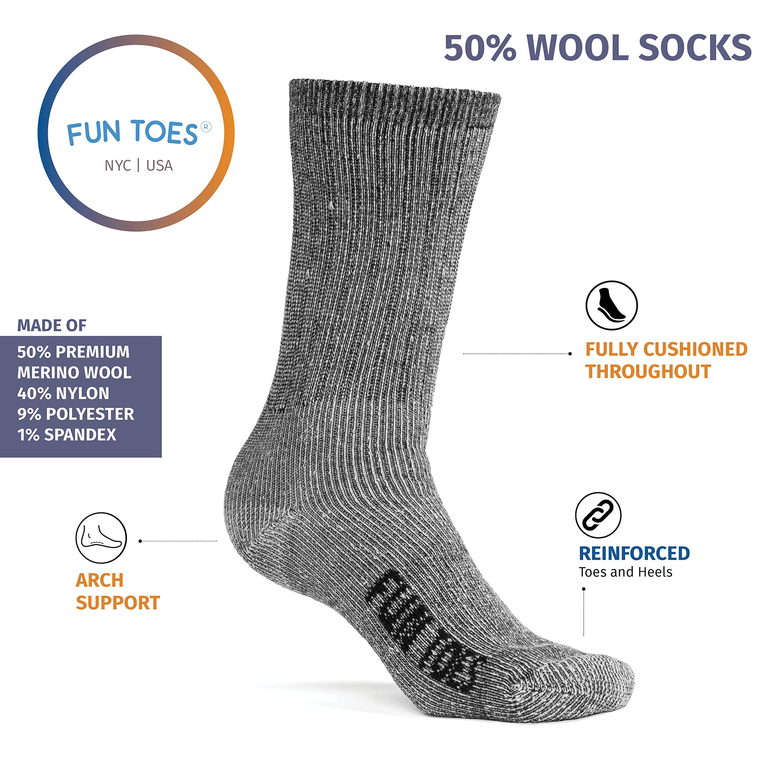 FUN TOES Men's Hiking Crew Socks - 6 Pairs Merino Wool Socks for Men, Lightweight & Reinforced (Size 8-12) - Perfect for Outdoor Adventures, Camping & Winter Hiking
