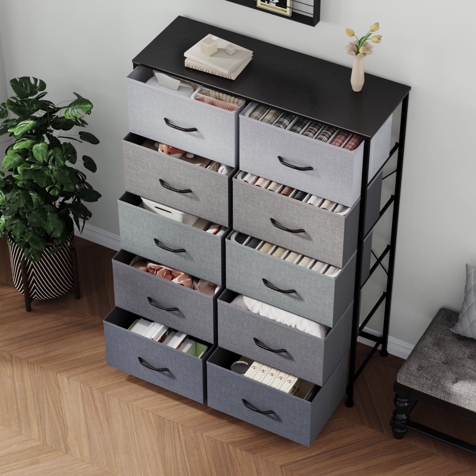 10-Drawer Tall Dresser for Bedroom & Closet - Sturdy Wood Frame Fabric Storage Tower with Wood Handles, Grey - Perfect for Organizing Clothes in Living Room, Hallway & Small Spaces
