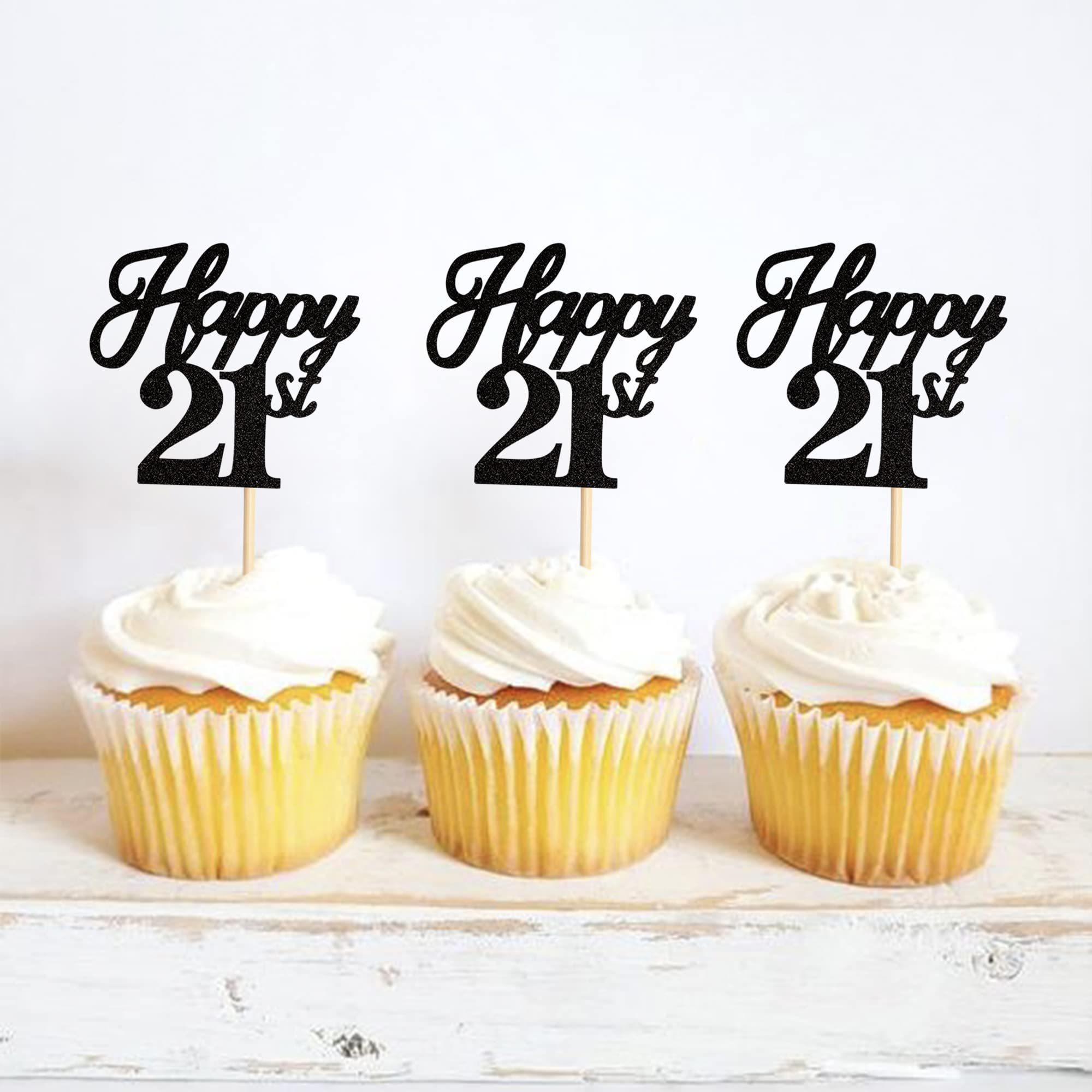 Ercadio 24 Pack Happy 21st Birthday Cupcake Toppers - Black Glitter 21st Cupcake Picks, Cheers to 21 Cake Decorations for Birthday, Wedding & Anniversary Parties - Perfect for Milestone Celebrations & Festive Dessert Displays