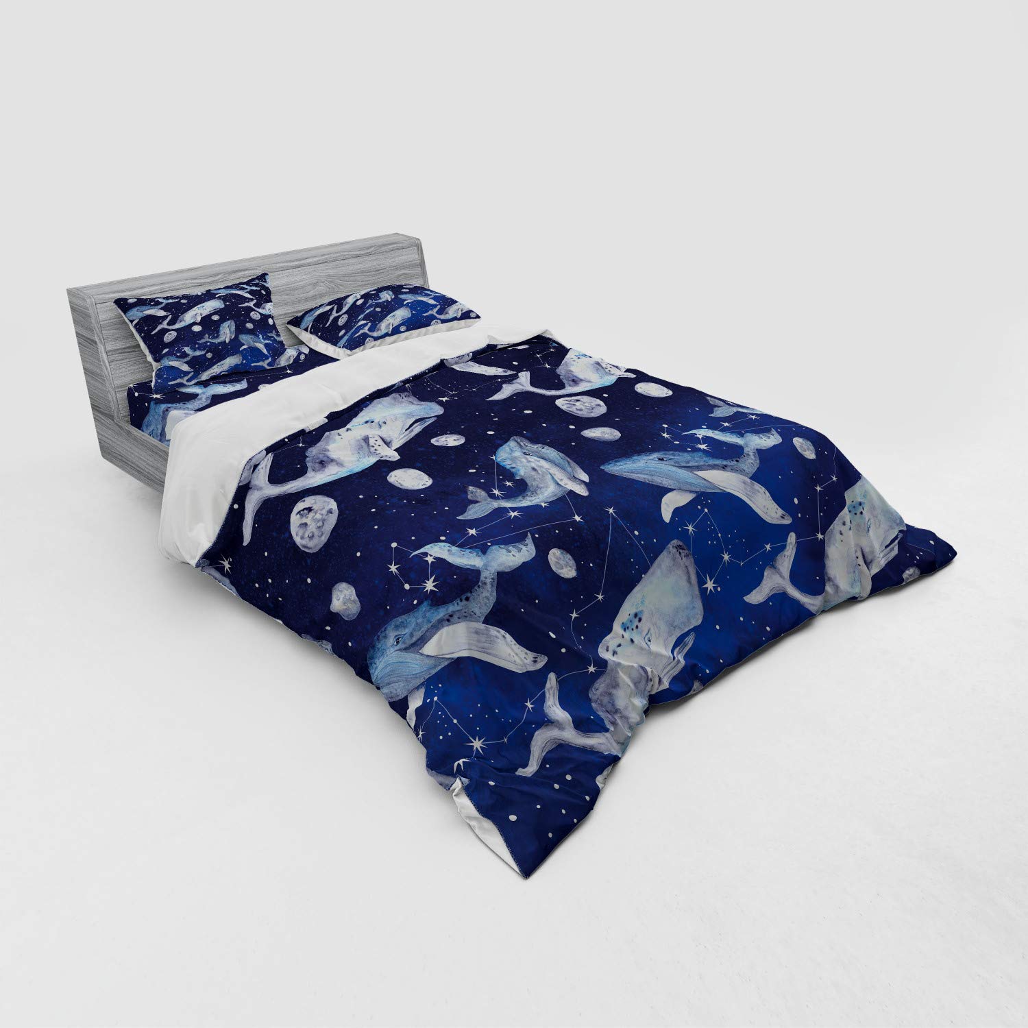 Ambesonne Whale Duvet Cover Set - 4 Piece Queen Size Bedding with Fitted Sheet & Shams, Outer Space Cosmos Design Featuring Whales, Fishes and Planets in Navy Purple Grey - Perfect for Kids' Rooms, Themed Bedrooms and Astronomy Lovers