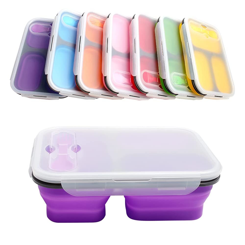 YRSHENG Silicone Folding 3-Compartment Bento Lunch Box - Microwave, Dishwasher & Freezer Safe - Leakproof Portable Food Container for Office, School & Picnic (Purple)