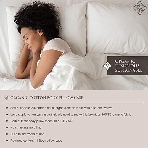 Organic Cotton Body Pillow Cover - 100% GOTS Certified, 300 Thread Count Soft Sateen Weave with Zipper Closure (21