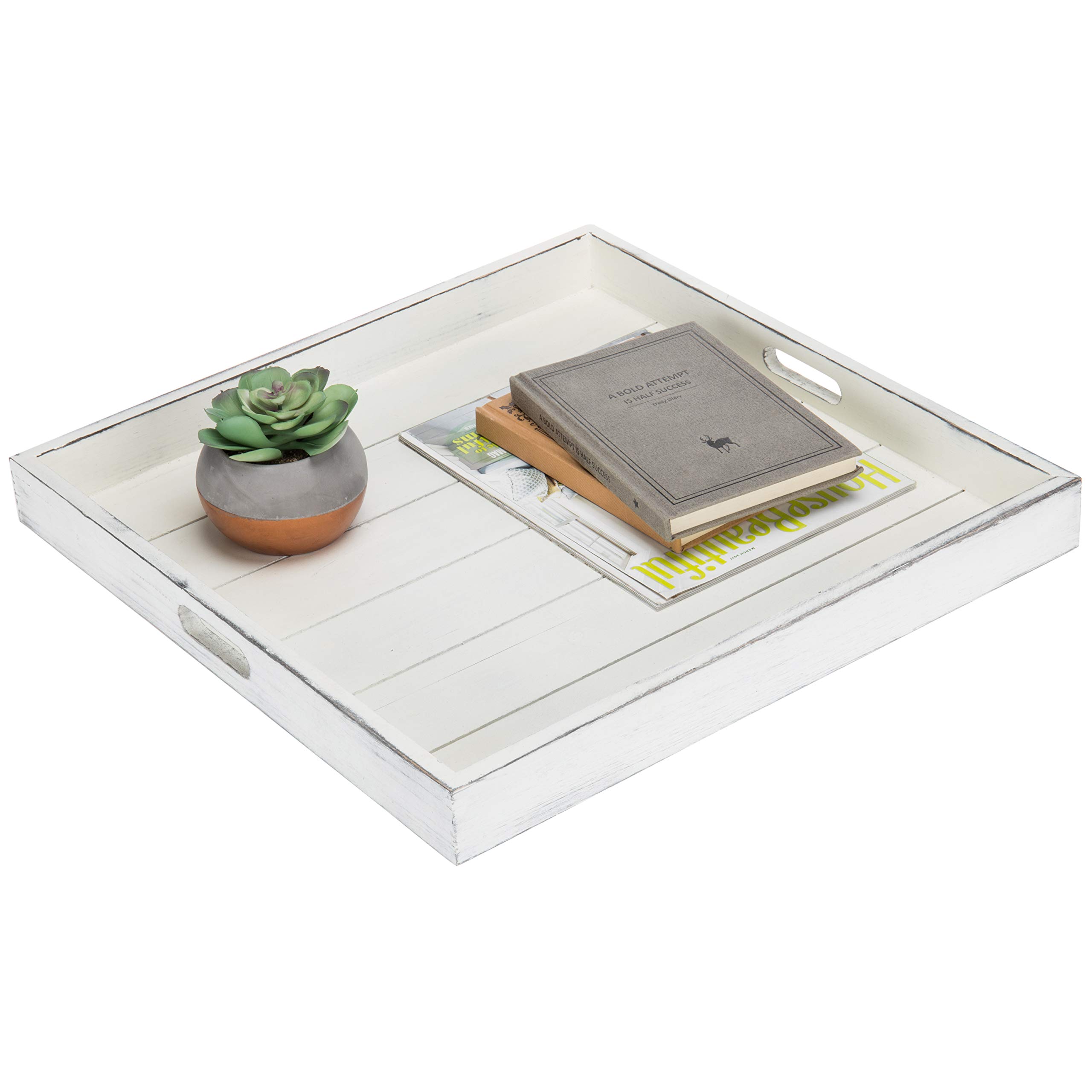 MyGift 19 Inch Large Square Vintage White Wood Ottoman Tray with Handles - Farmhouse Decorative Wooden Coffee Table Centerpiece Serving Platter for Home Decor | Perfect for Living Room, Bedroom & Rustic Themed Parties
