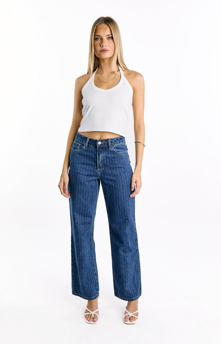 Calliope Pinstripe Mid Wash Mid Rise Slouchy Jeans for Women - Comfortable Relaxed Fit Stretch Denim Pants - Perfect for Casual Outings & Everyday Wear