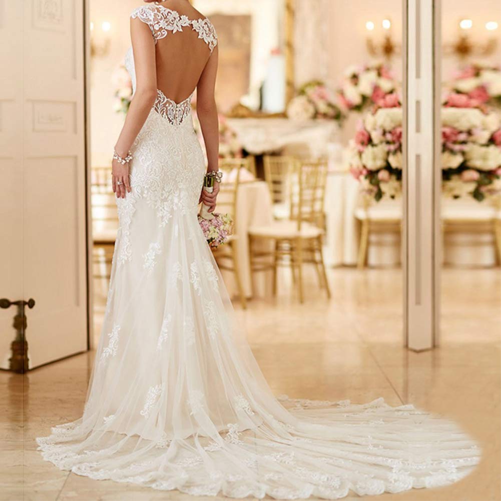 Elegant 2024 Backless Mermaid Wedding Dress with Lace Appliques & Train - Boho Bridal Gown for Bride | Perfect for Beach, Church & Outdoor Ceremonies