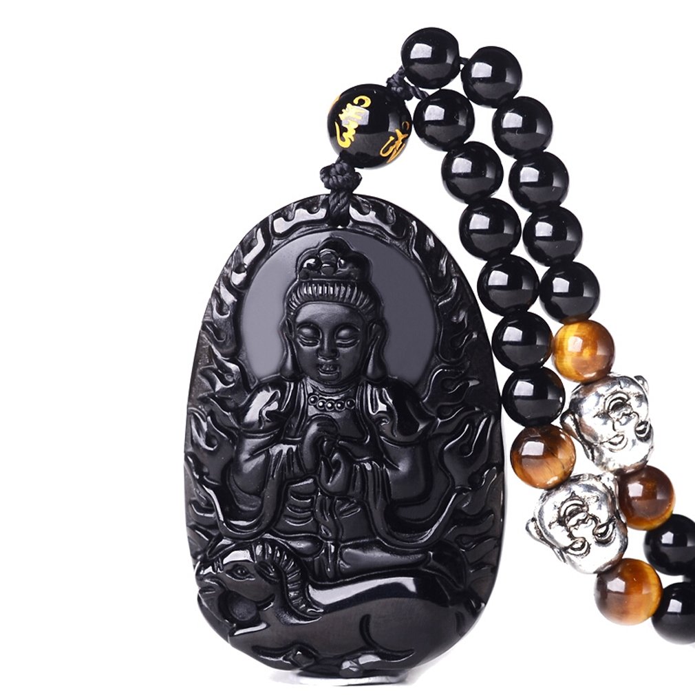 Natural Obsidian Pendant Necklace for Women & Men - Zodiac Bodhisattva Amulet Talisman with White Copper Buddha Charm | Spiritual Protection Jewelry for Meditation, Yoga & Daily Wear