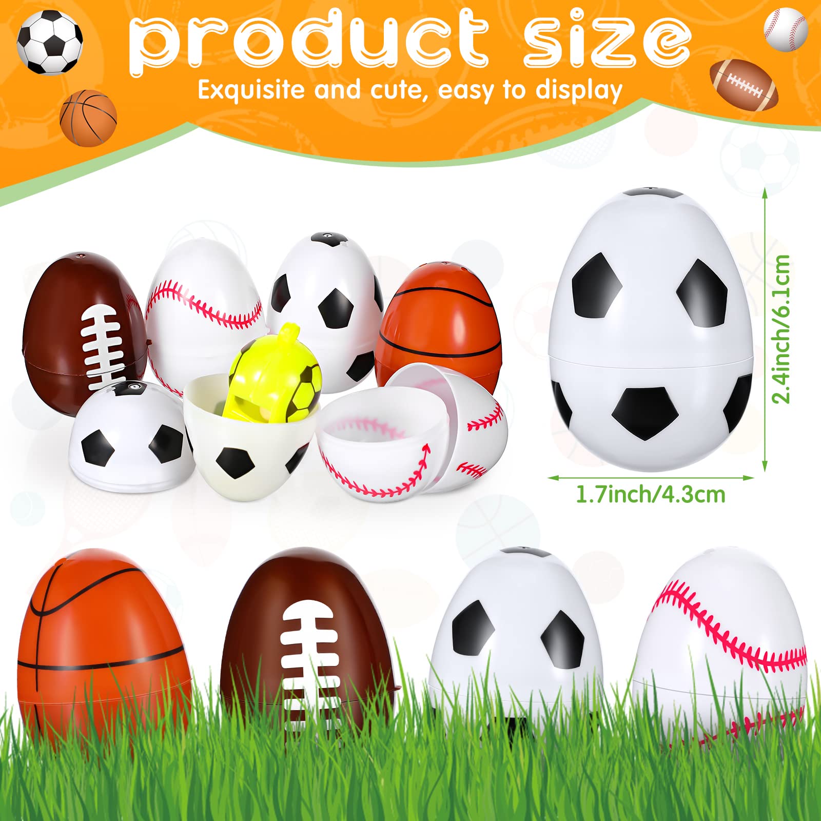 Assorted Plastic Sports Easter Eggs - Empty Soccer, Football, Baseball & Basketball Shaped Eggs for Easter Egg Hunt, Candy Stuffers - Perfect for Kids' Easter Parties & Outdoor Sports-Themed Events