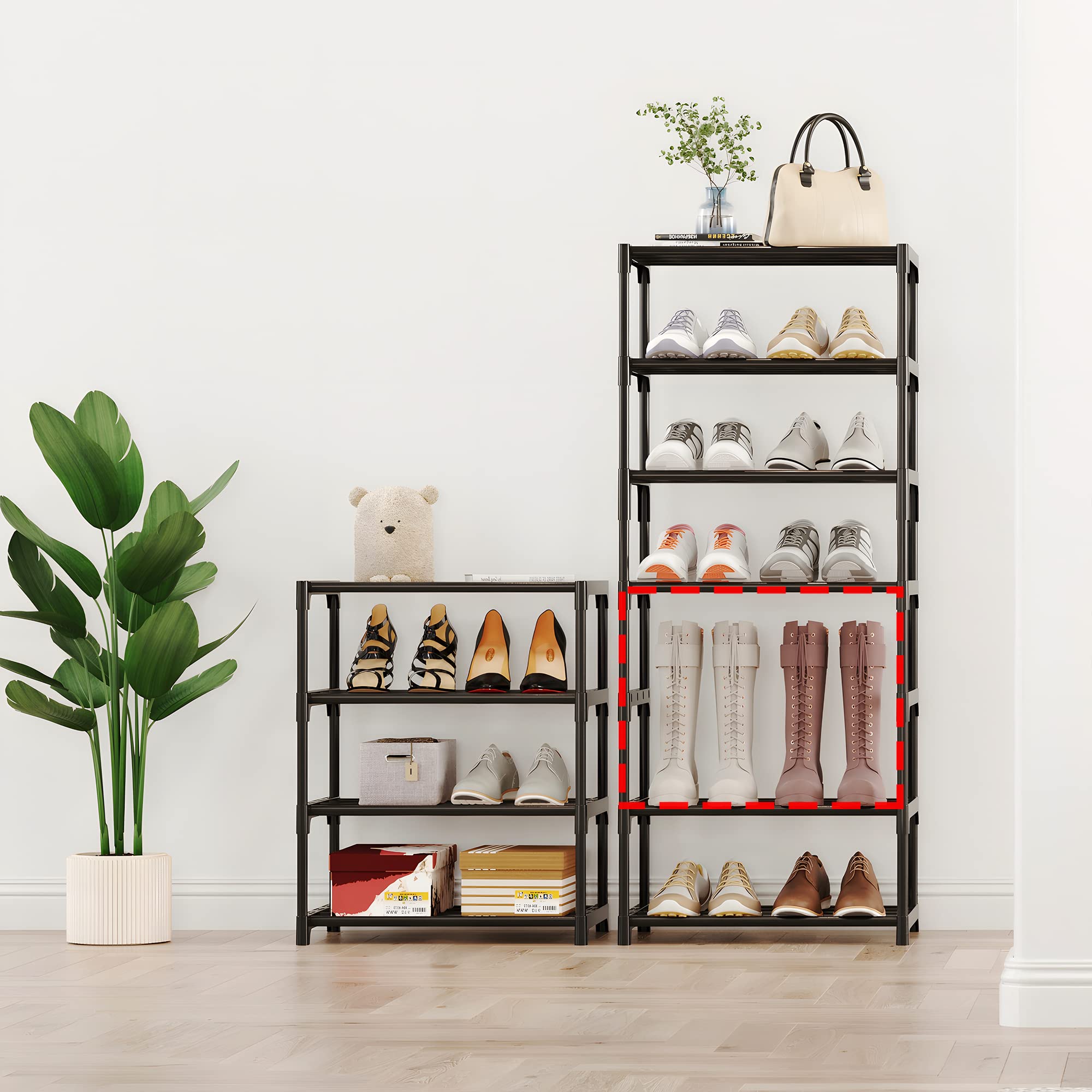 4-Tier Small Shoe Rack - Metal Stackable Shoe Organizer for Kids & Adults - Narrow Space-Saving Shoe Shelf for Closet, Hallway, Entryway, Living Room & Bedroom - Sturdy Black Shoe Storage Solution for Home Organization