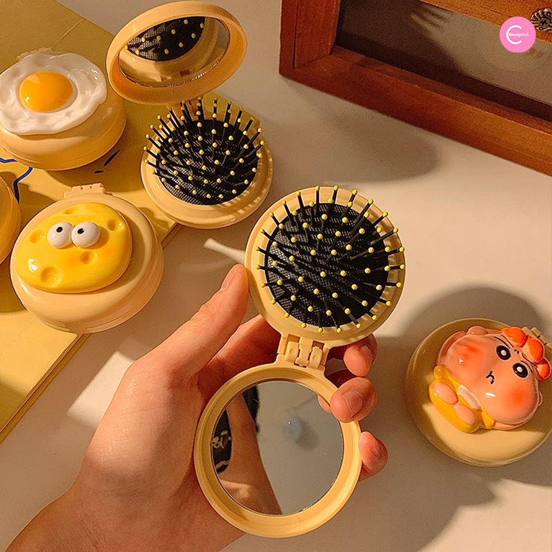 Hyovo Mini Foldable Cushion Brush with Mirror - Portable Travel Makeup Brush for On-the-Go Touch Ups, Perfect for Purse, Gym Bag & Travel Essentials