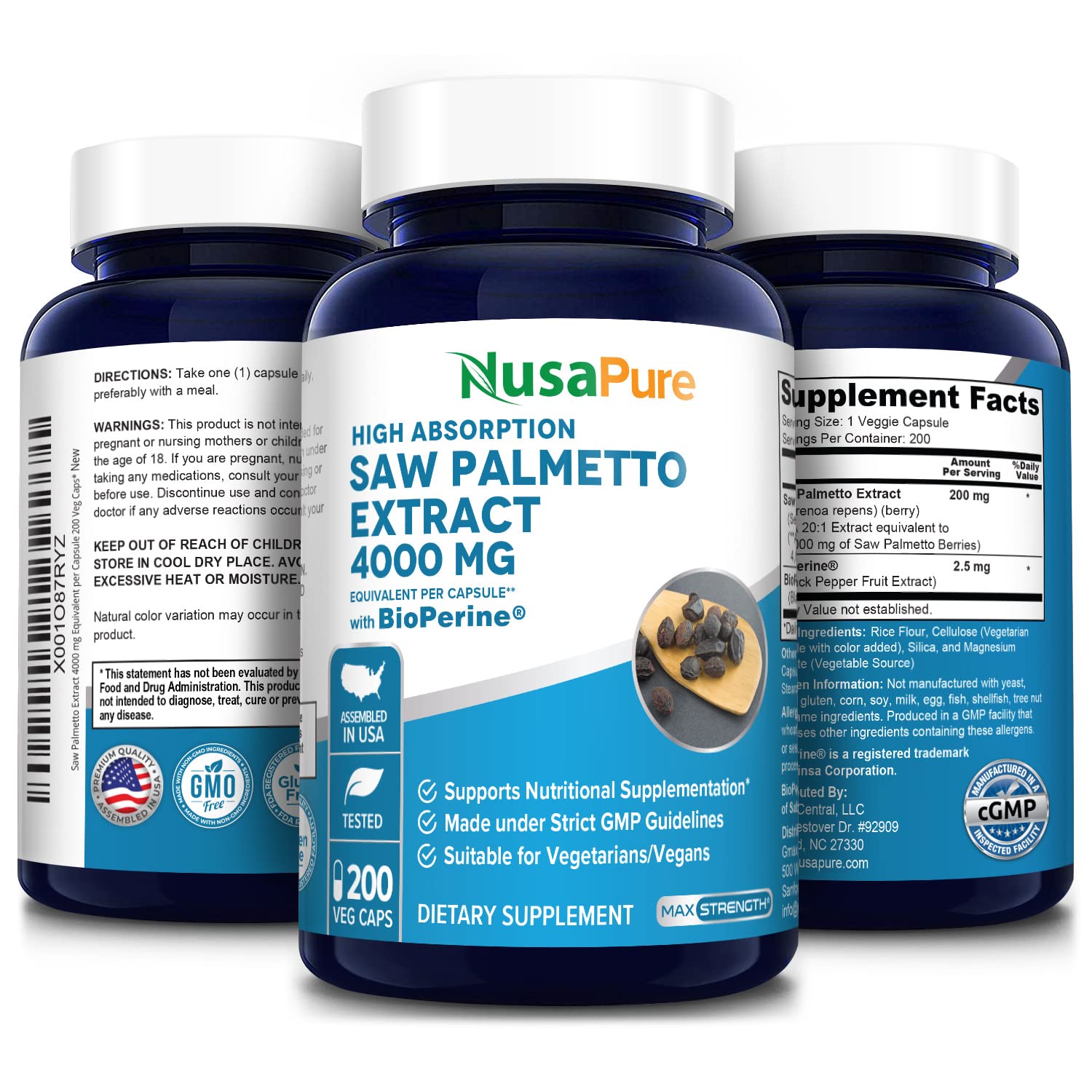 NusaPure Saw Palmetto 4,000mg per Veggie Capsule - 200 Count (20:1 Extract, Non-GMO, Gluten Free, Vegetarian with Bioperine) - Supports Prostate Health & Urinary Function for Men