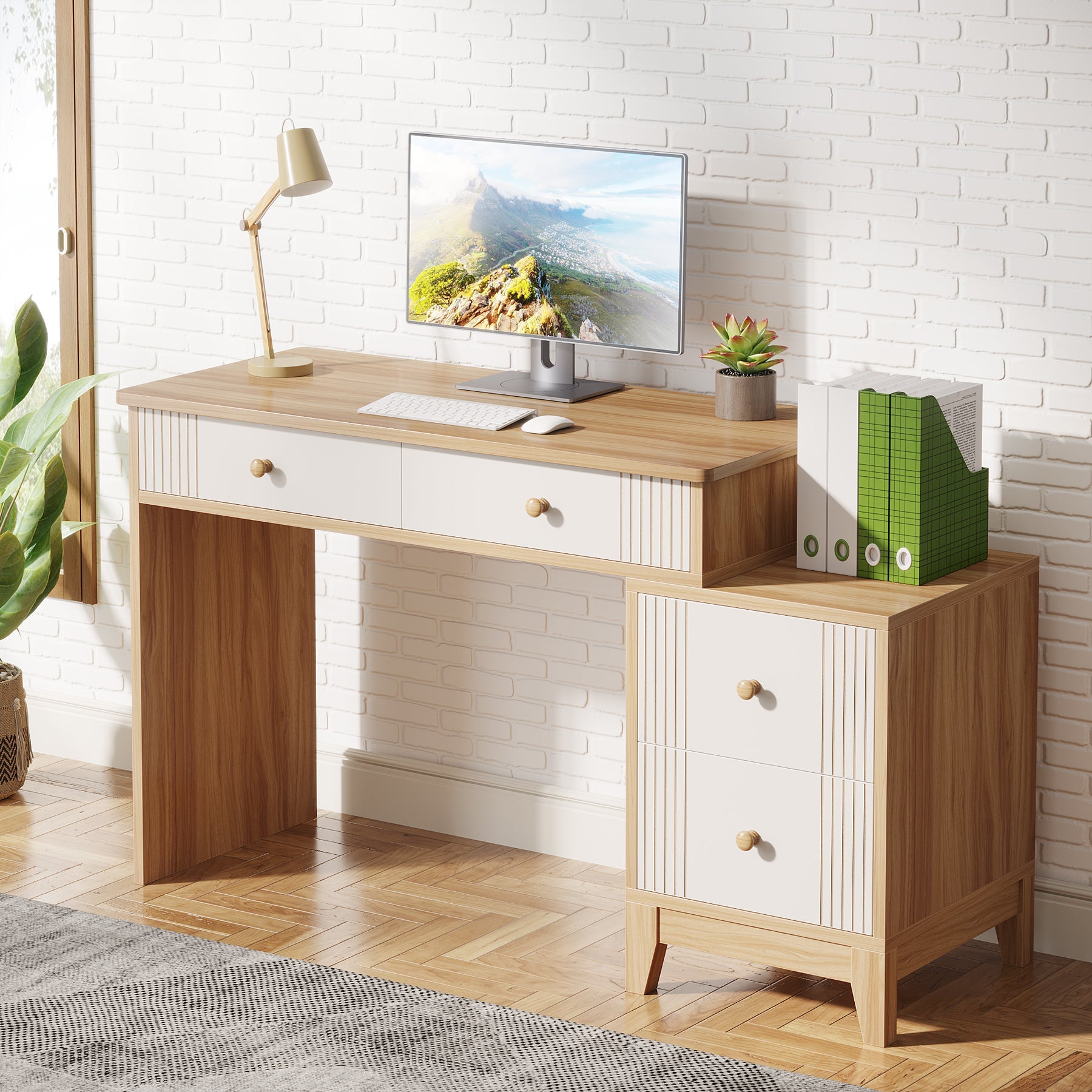 4 Drawer Wooden Computer Desk - Sturdy Study Writing Table with Storage Shelf for Home Office, Gaming & Workspace Organization