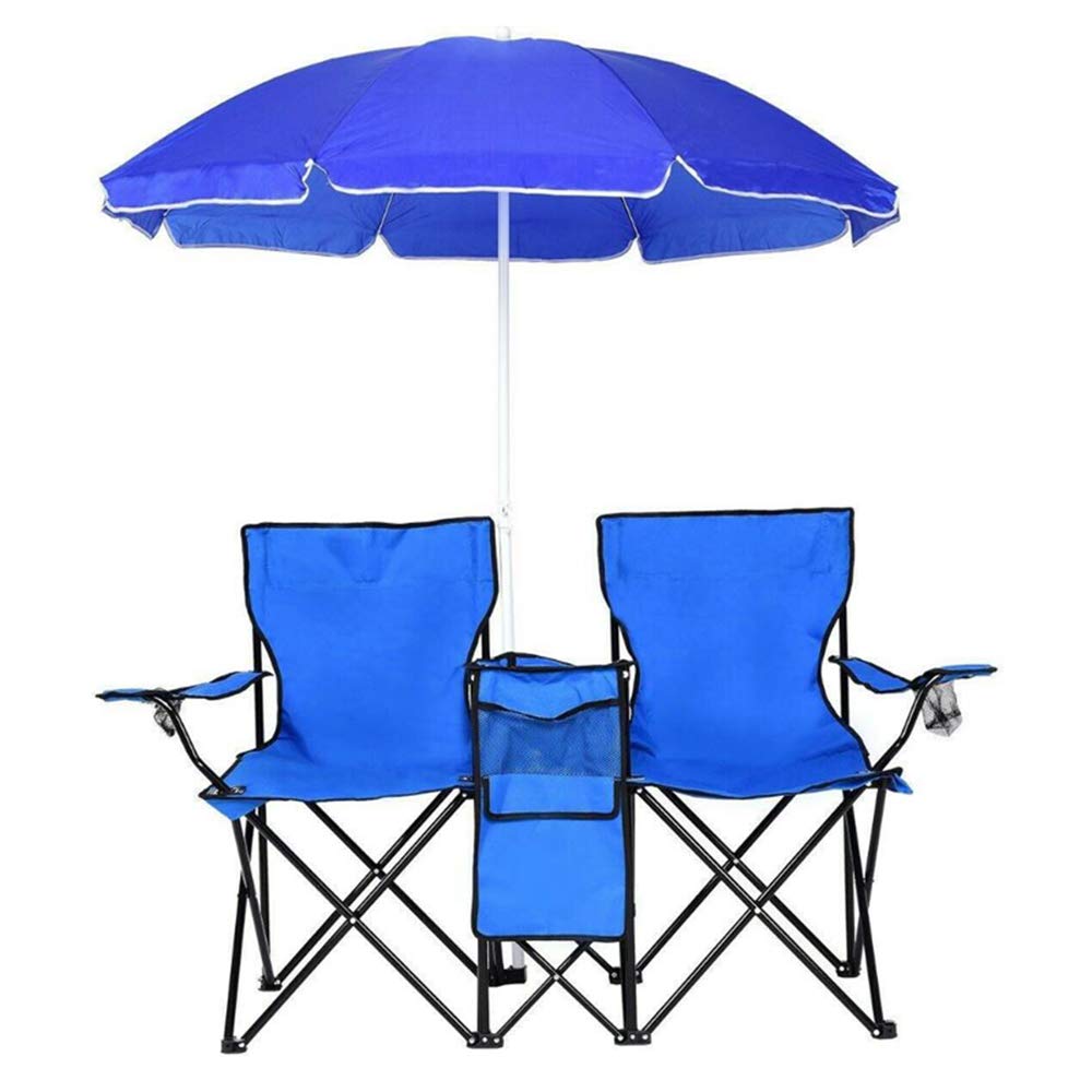 Portable Double Folding Picnic Chair with Umbrella, Mini Table & Beverage Holder - Lightweight Beach Camping Chair with Carrying Bag for Outdoor, Patio, Pool, Park, Backyard & Travel - Perfect for Picnics, BBQs, Camping & Beach Relaxation