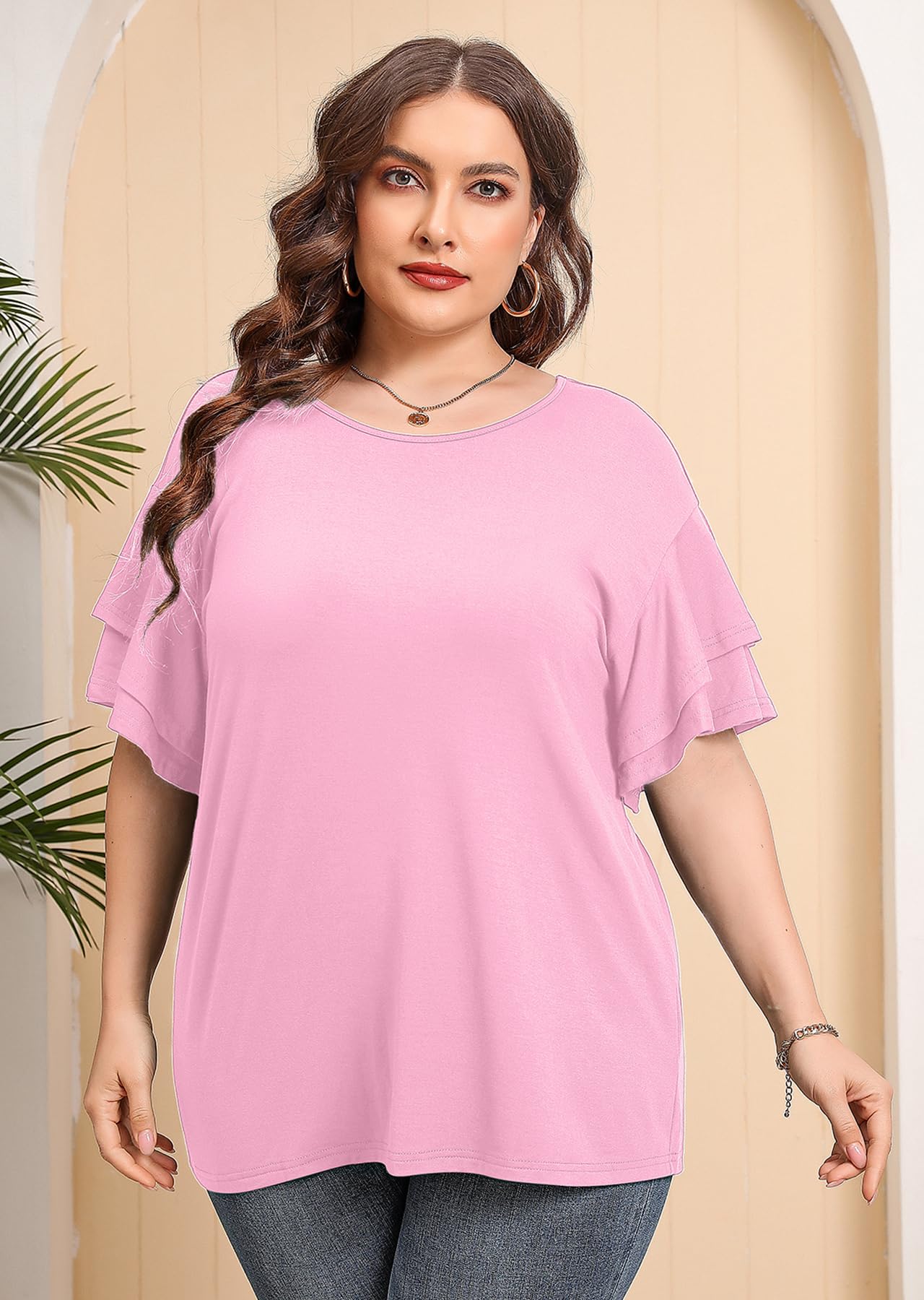 Plus Size Tunic for Women - AusLook Double Ruffle Short Sleeve Loose Fit Flowy Summer Top | Casual Wear, Office Outfits & Beach Cover-Up