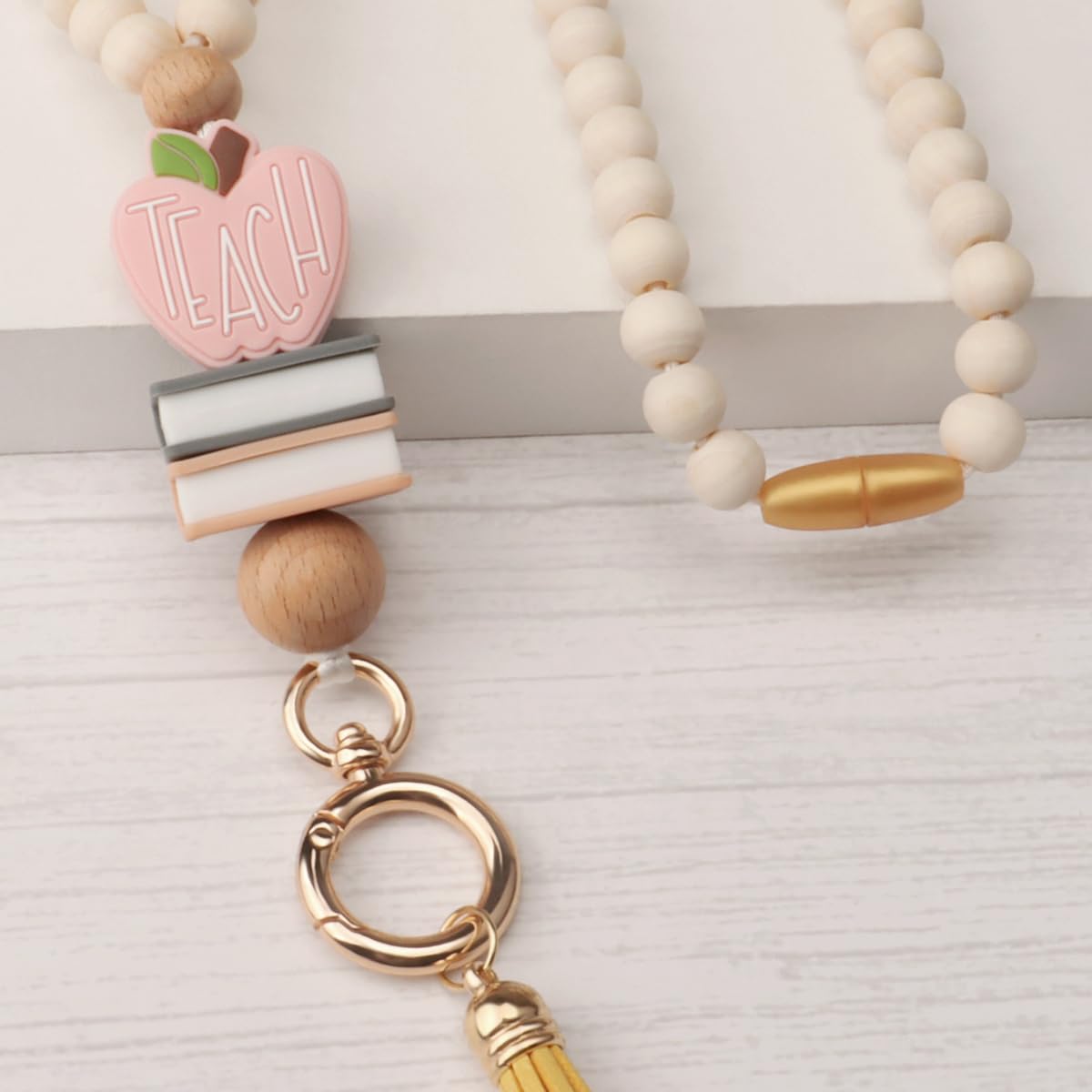 2024 Fashionable Wood Beaded Teacher Lanyard with ID Holder - Cute Boho Breakaway Key Lanyard for Women - Perfect for School, Work & Events