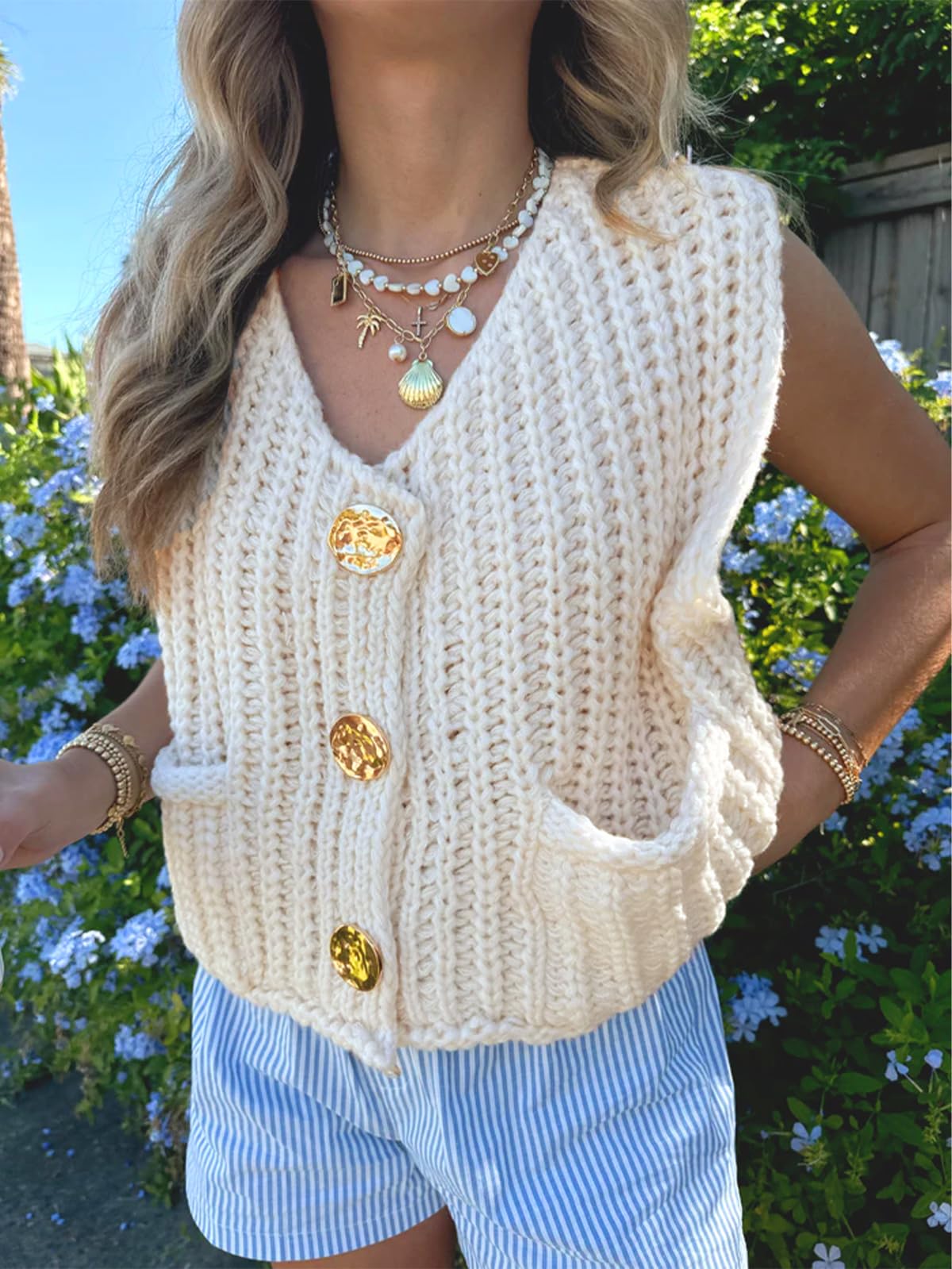 KEOMUD Women's Sleeveless Cropped Knit Cardigan 2025 - Casual Button Down Crochet Sweater Vest Top with Pockets | Perfect for Spring & Summer Layering, Beach Cover-Up, and Office Wear