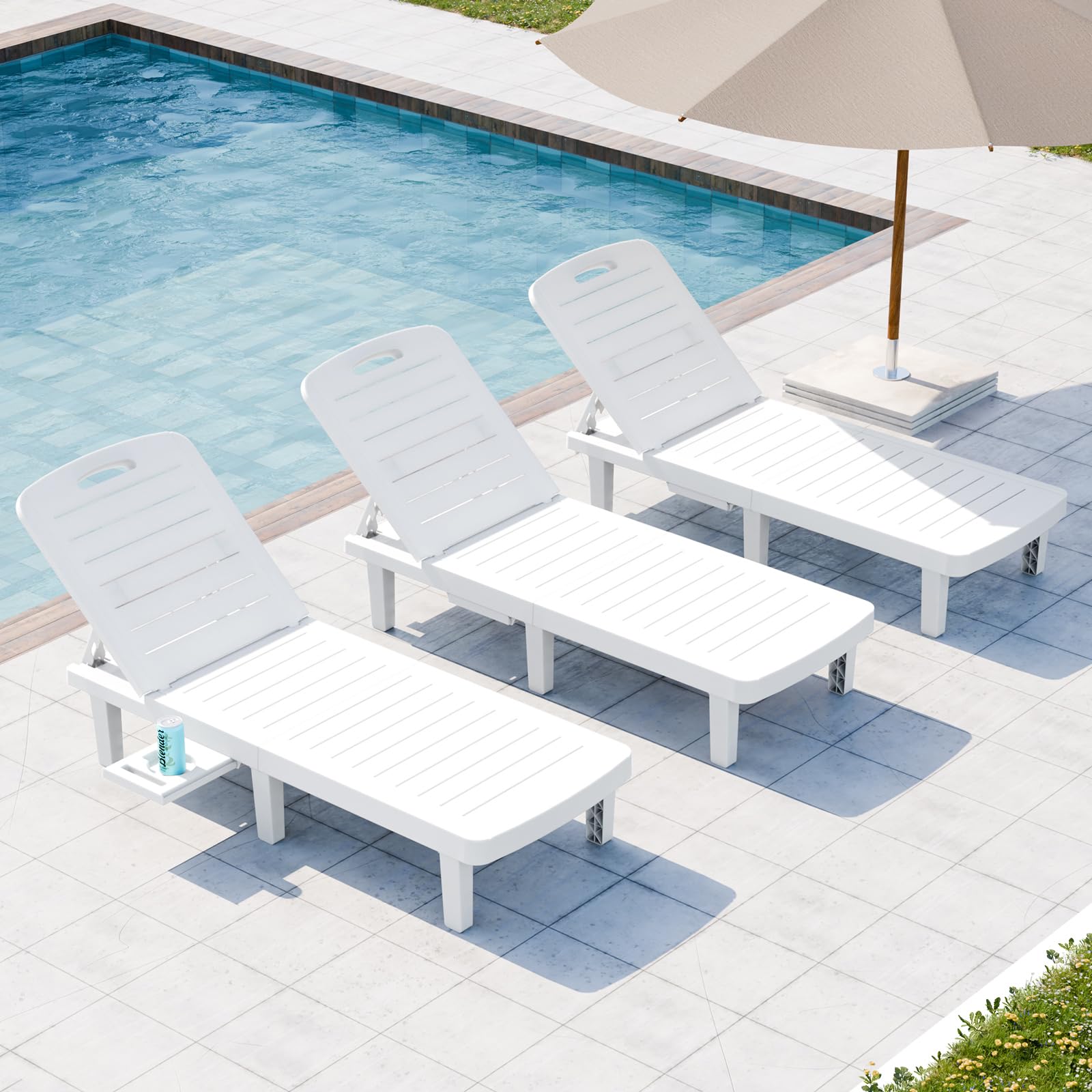 3-Piece Outdoor Chaise Lounge Set - Waterproof Resin Adjustable Recliner Chairs (5 Positions) for Patio, Pool, Beach & Backyard - All-Weather White Lounge Furniture - Perfect for Sunbathing, Relaxing & Outdoor Entertaining