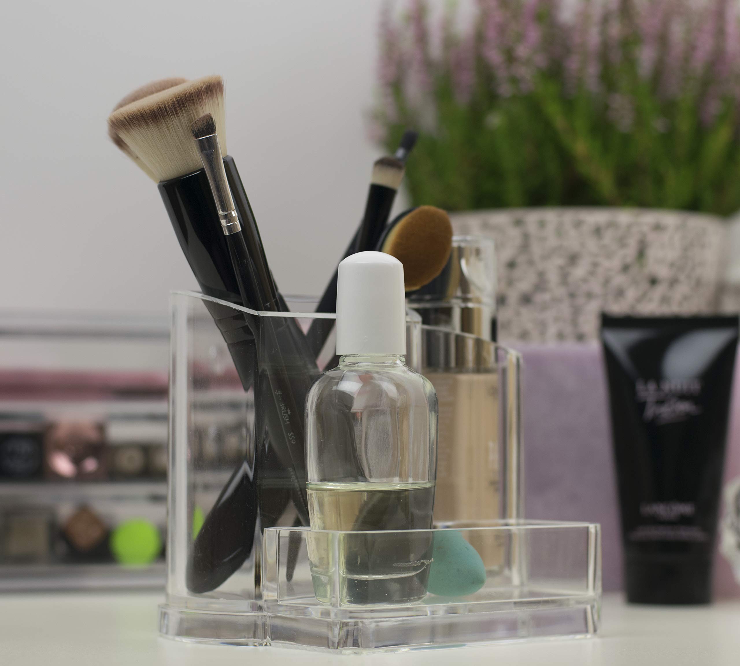 Clear 3-Compartment Bathroom & Office Organizer - Toothbrush Holder, Soap Dispenser, Makeup Brush & Lipstick Storage | Perfect for Vanity, Countertop, and Sink Organization