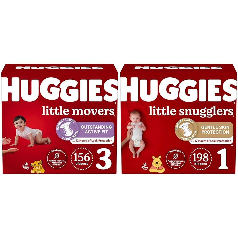Huggies Little Movers Size 3 Disposable Baby Diapers - 156 Count (1 Month Supply) & Little Snugglers Size 1 Diapers - 198 Count | Ultra Absorbent, Leak Protection | Perfect for Daycare, Overnight Use & Travel | Packaging May Vary