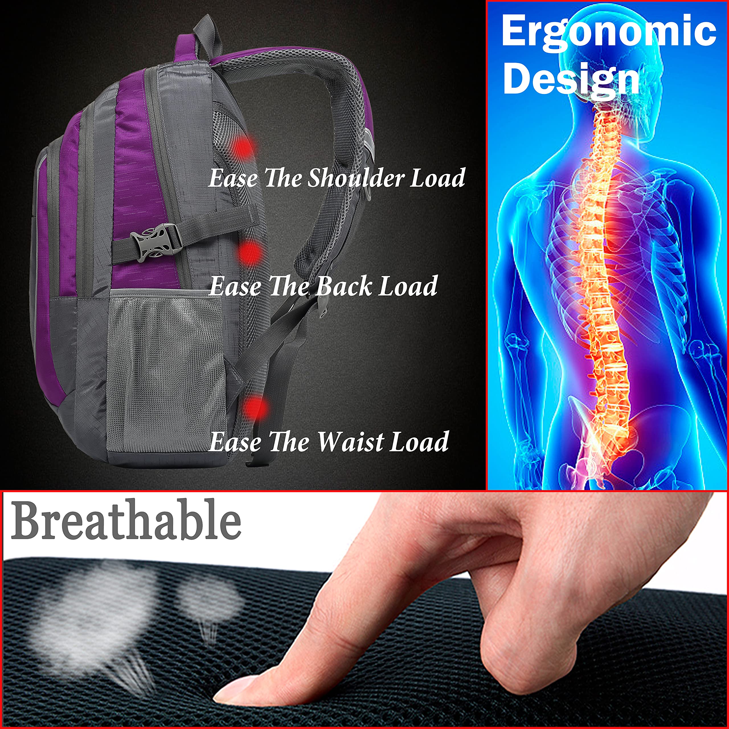 Durable 15.6 Inch Laptop Backpack for School, College, Travel & Hiking - Multi-Compartment Water-Resistant Book Bag with USB Charging Port & Reflective Strips (Black/Purple) - Perfect for Students, Professionals & Outdoor Enthusiasts