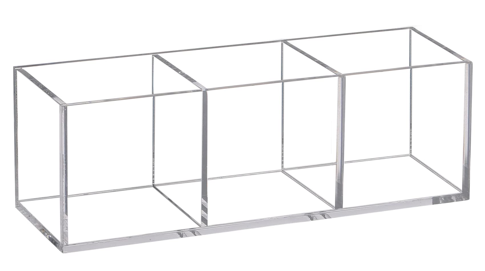 Clear Acrylic Makeup Organizer - 3 Compartment Pen & Pencil Holder (7.1x2.36x2.36 Inches) | Plastic Storage Cube for Cosmetics, Jewelry & Office Supplies | Perfect for Vanity, Desk & Bathroom Organization