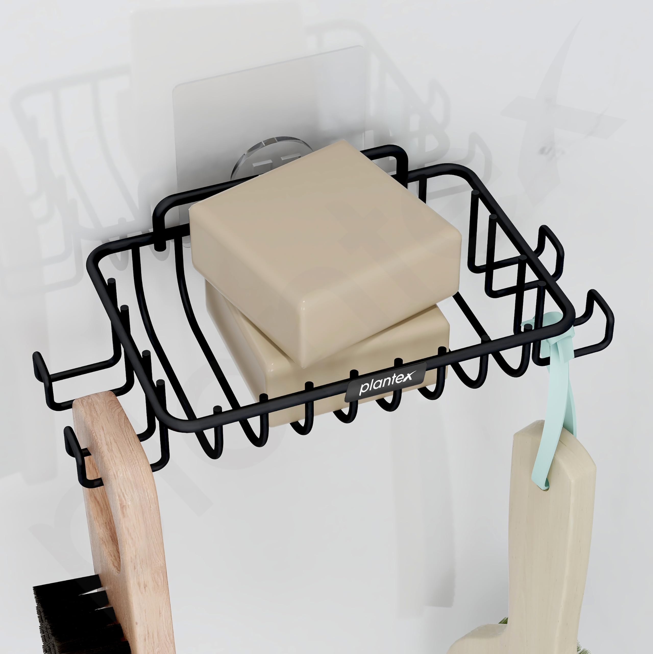 Plantex Self-Adhesive Soap Dish with Hook - Stainless Steel Bathroom Soap Holder & Tray - Wall Mount Soap Case for Shower, Kitchen Sink - Bathroom Accessories (Black) - Perfect for Small Spaces & Organizing Essentials