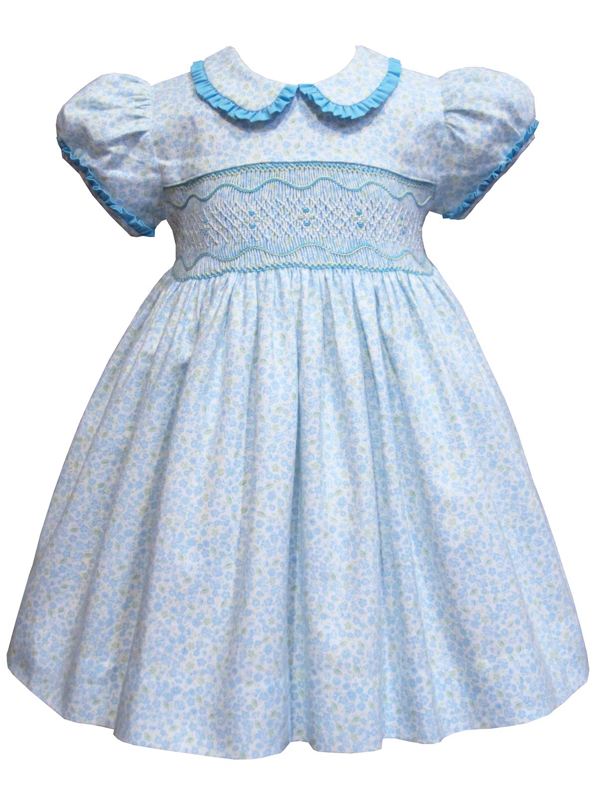 Baby Toddler Girls Floral Cotton Dress - Hand Smocked Blue & White Outfit for Infant & Kids - Perfect for Birthday Parties, Easter, Photo Shoots & Special Occasions