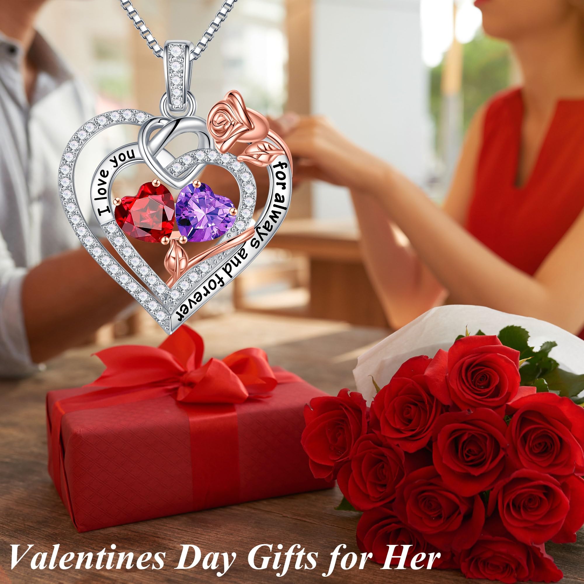 Rose Heart Necklace for Women - 925 Sterling Silver Double Birthstone Pendant, Anniversary Birthday Gifts for Wife, Girlfriend, Mom | Perfect for Valentine's Day, Mother's Day & Romantic Occasions