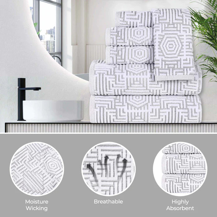 Premium Cotton Modern Geometric Jacquard Plush Bath Towel Set of 2 - Ultra Absorbent & Quick Dry Bath Sheets for Spa, Gym & Luxury Bathroom Decor